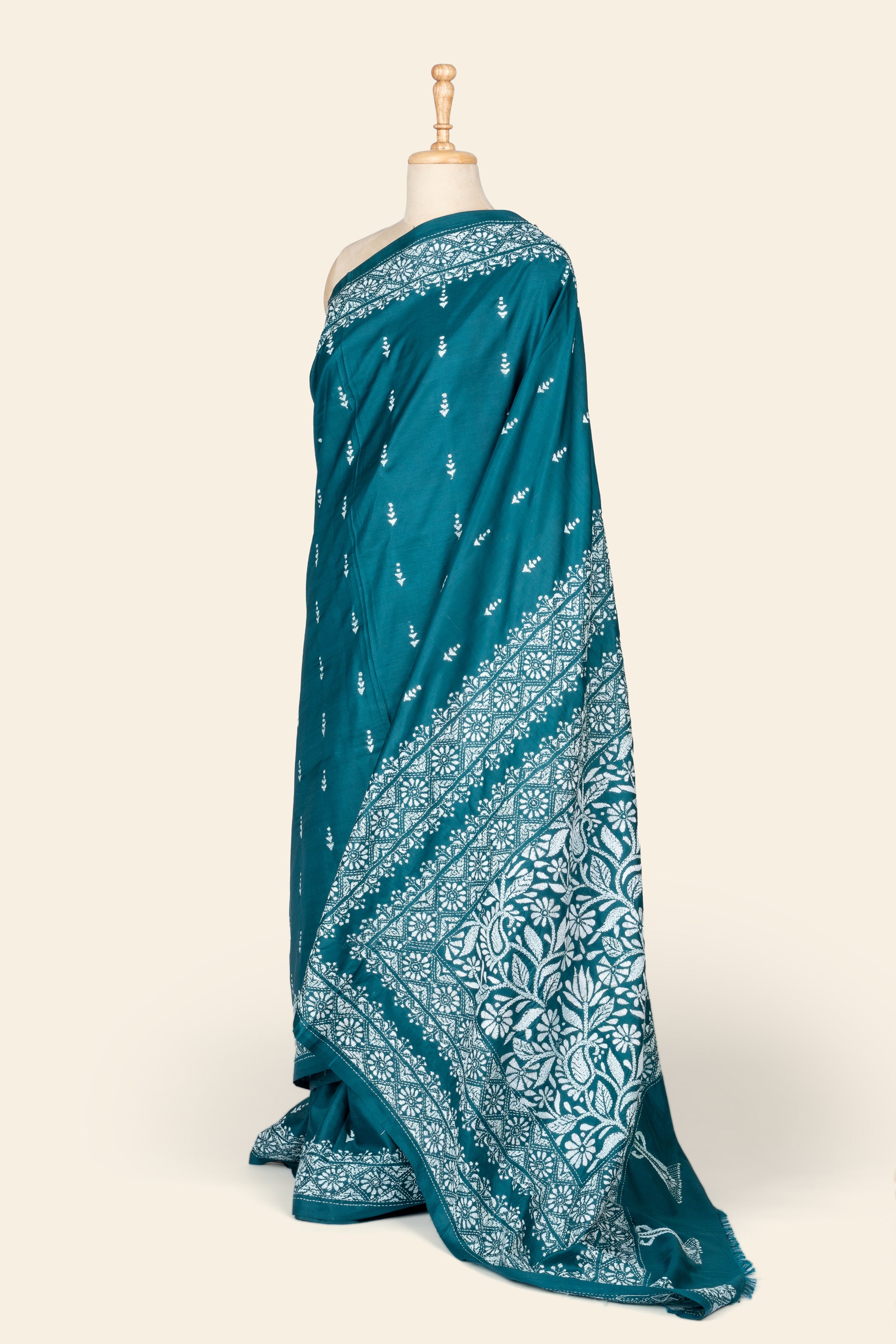 Teal Blue Bengal Kantha Stitch Pure Silk Saree