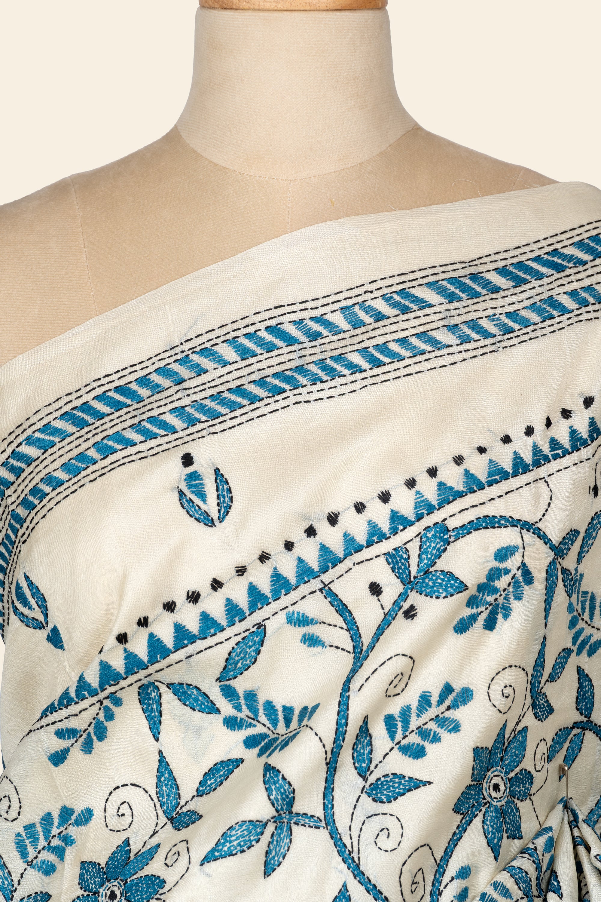 Natural and Blue Bengal Kantha Stitch Tussar Silk Saree