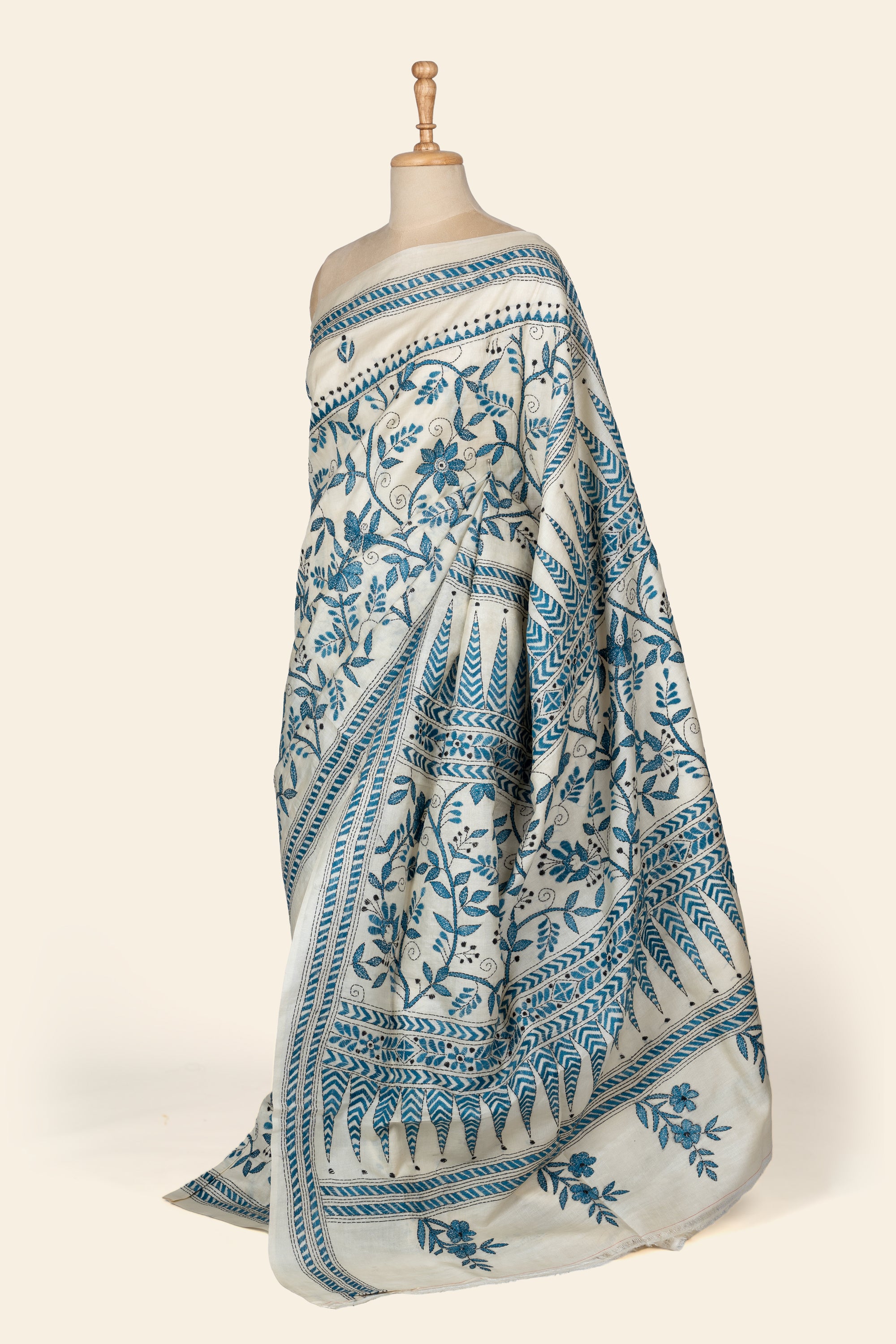 Natural and Blue Bengal Kantha Stitch Tussar Silk Saree