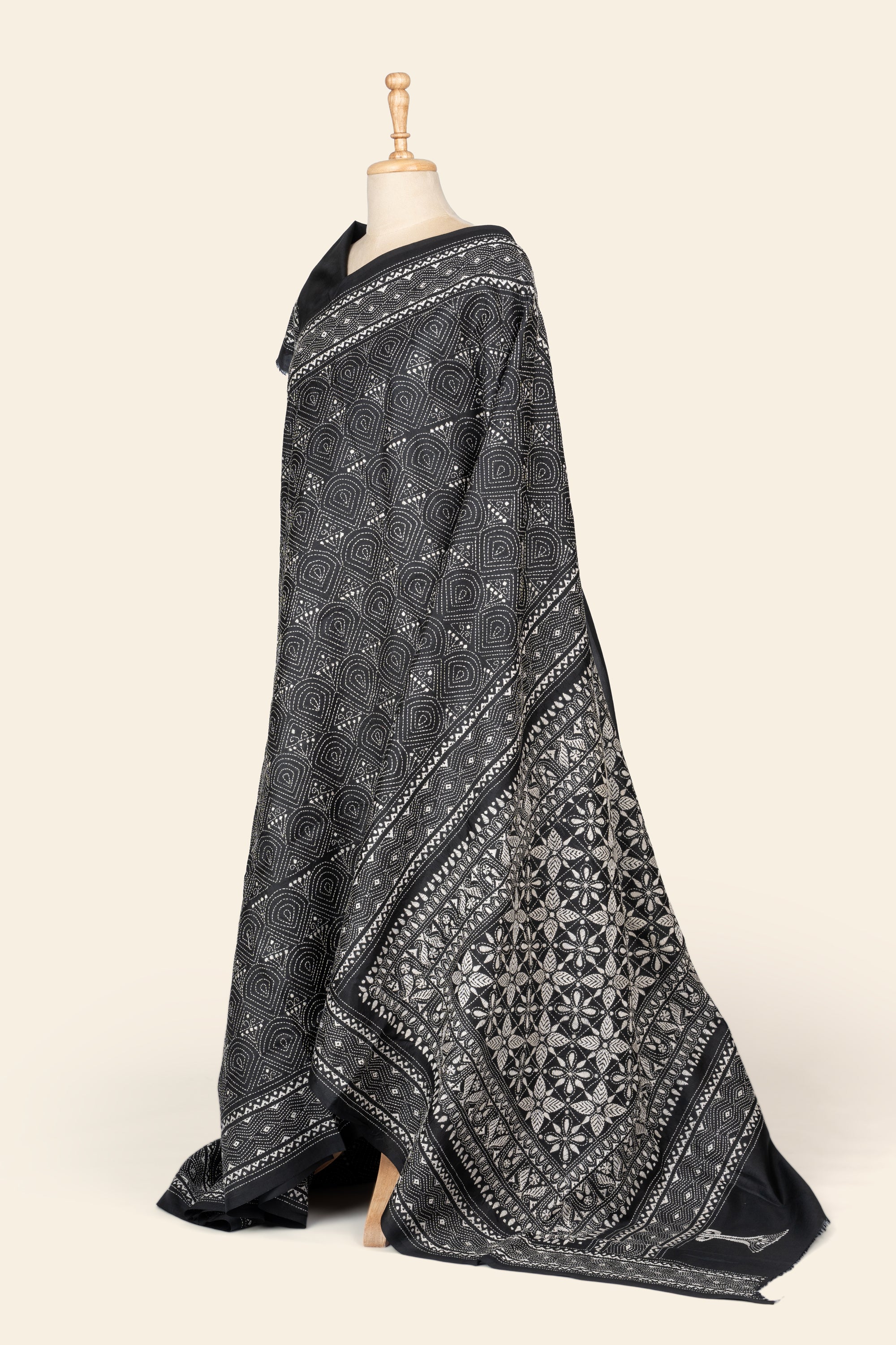 Black and White Bengal Kantha Stitch Pure Silk Saree