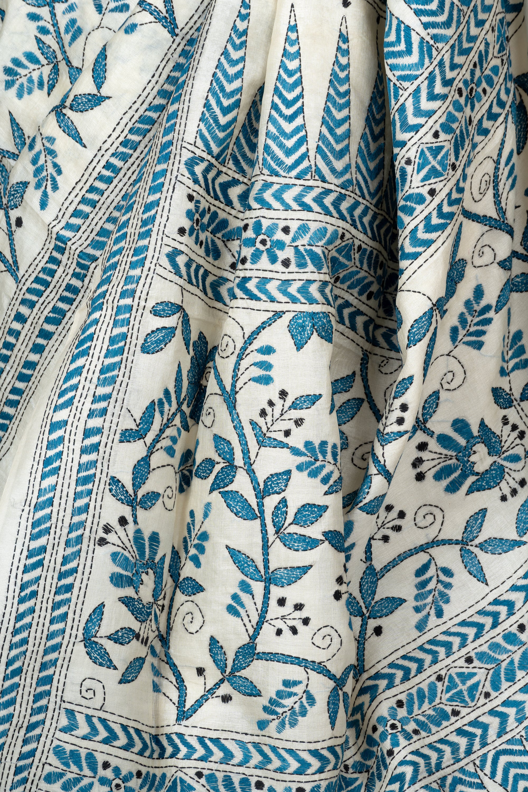 Natural and Blue Bengal Kantha Stitch Tussar Silk Saree
