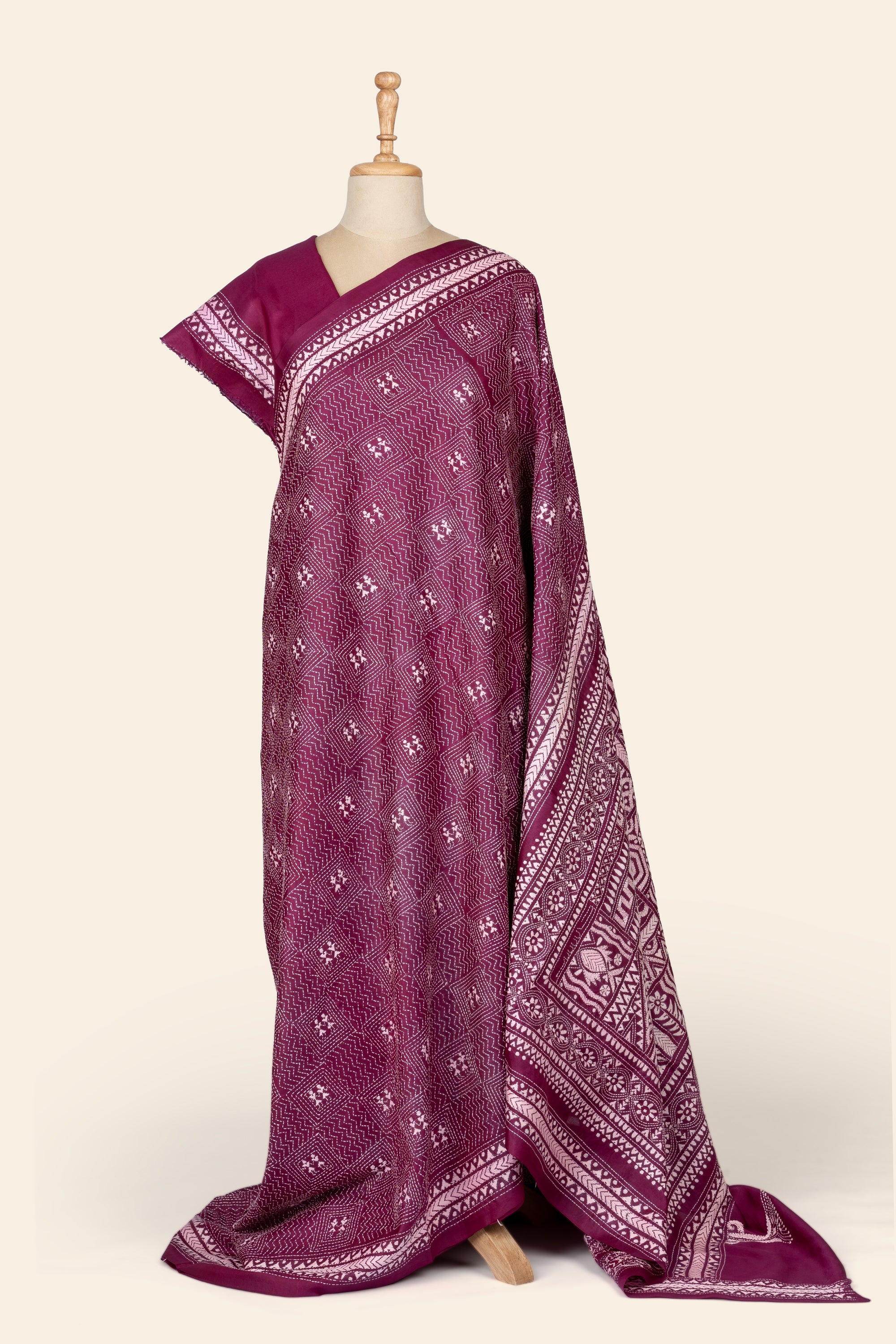 Jamun Purple Bengal Kantha Stitch Pure Silk Saree