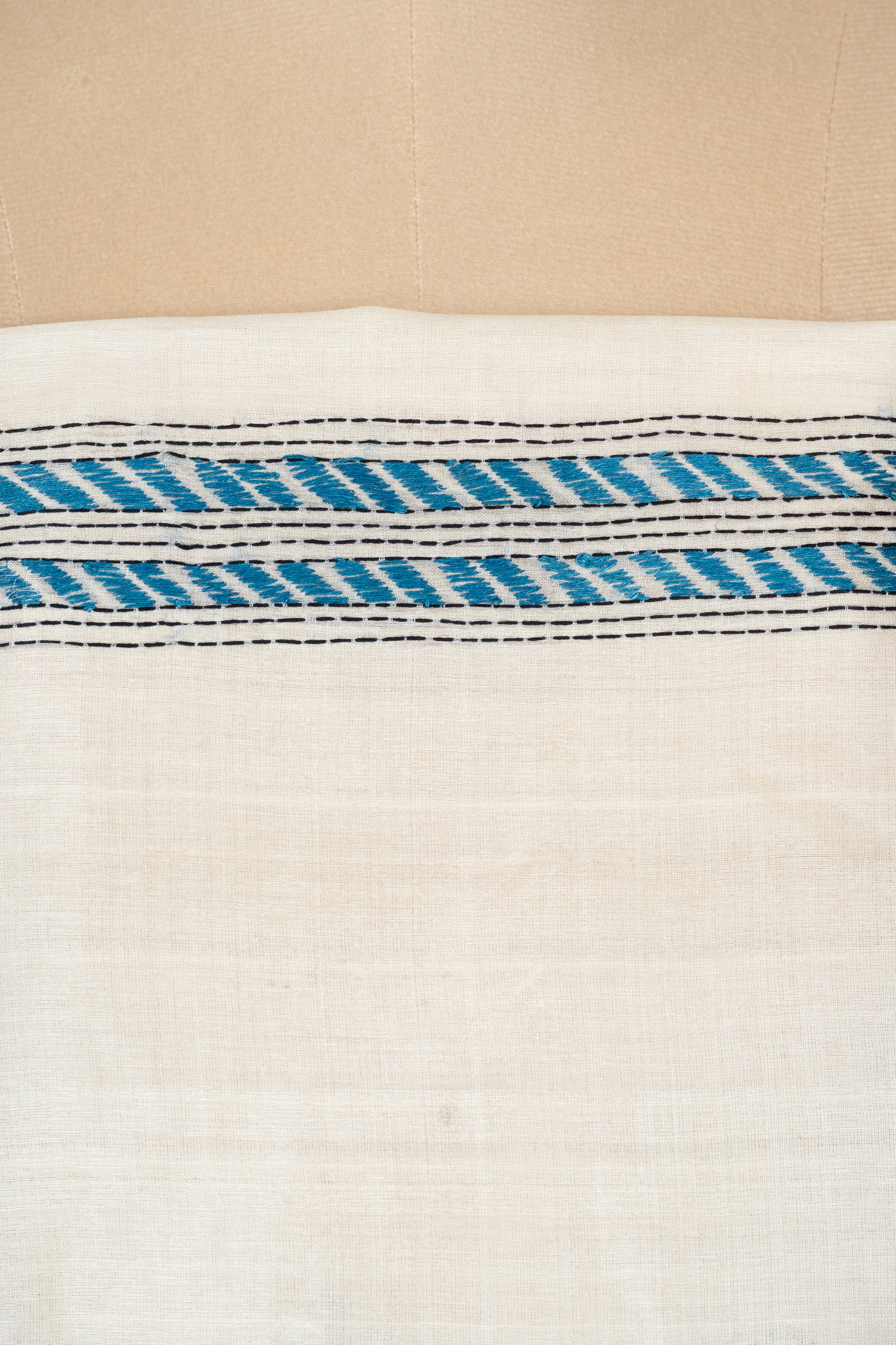 Natural and Blue Bengal Kantha Stitch Tussar Silk Saree