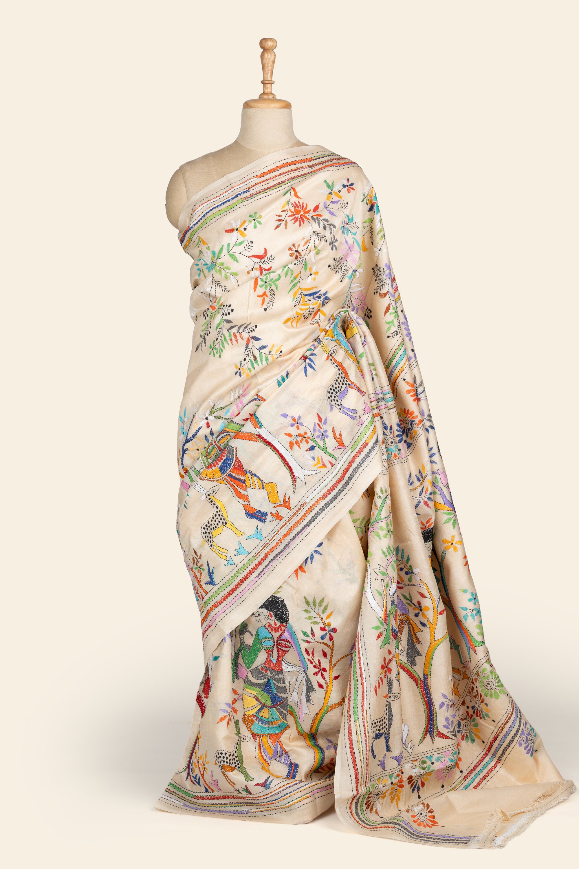 Beige Shakuntala Bengal Kantha Stitch Tussar Silk Saree