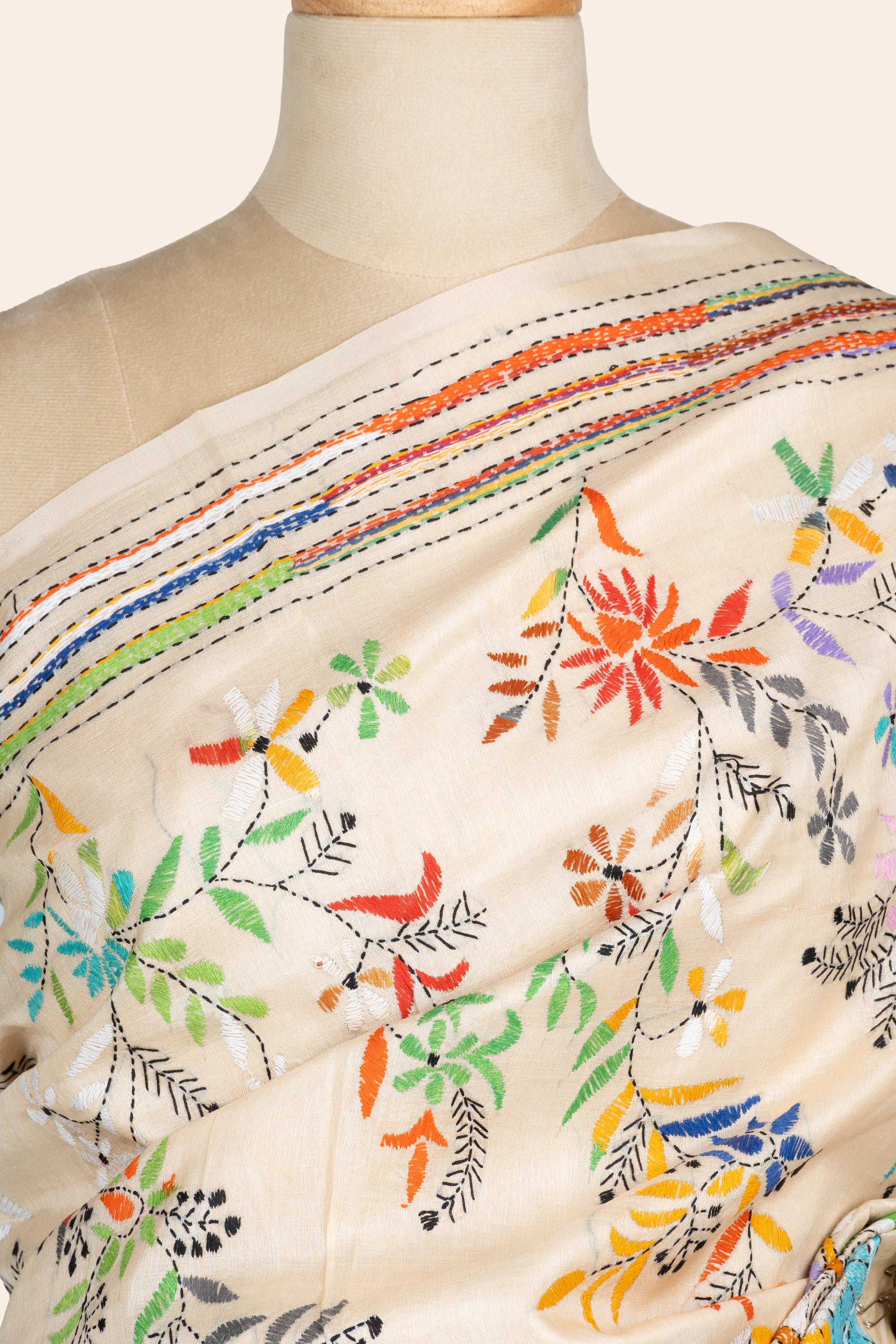 Beige Shakuntala Bengal Kantha Stitch Tussar Silk Saree