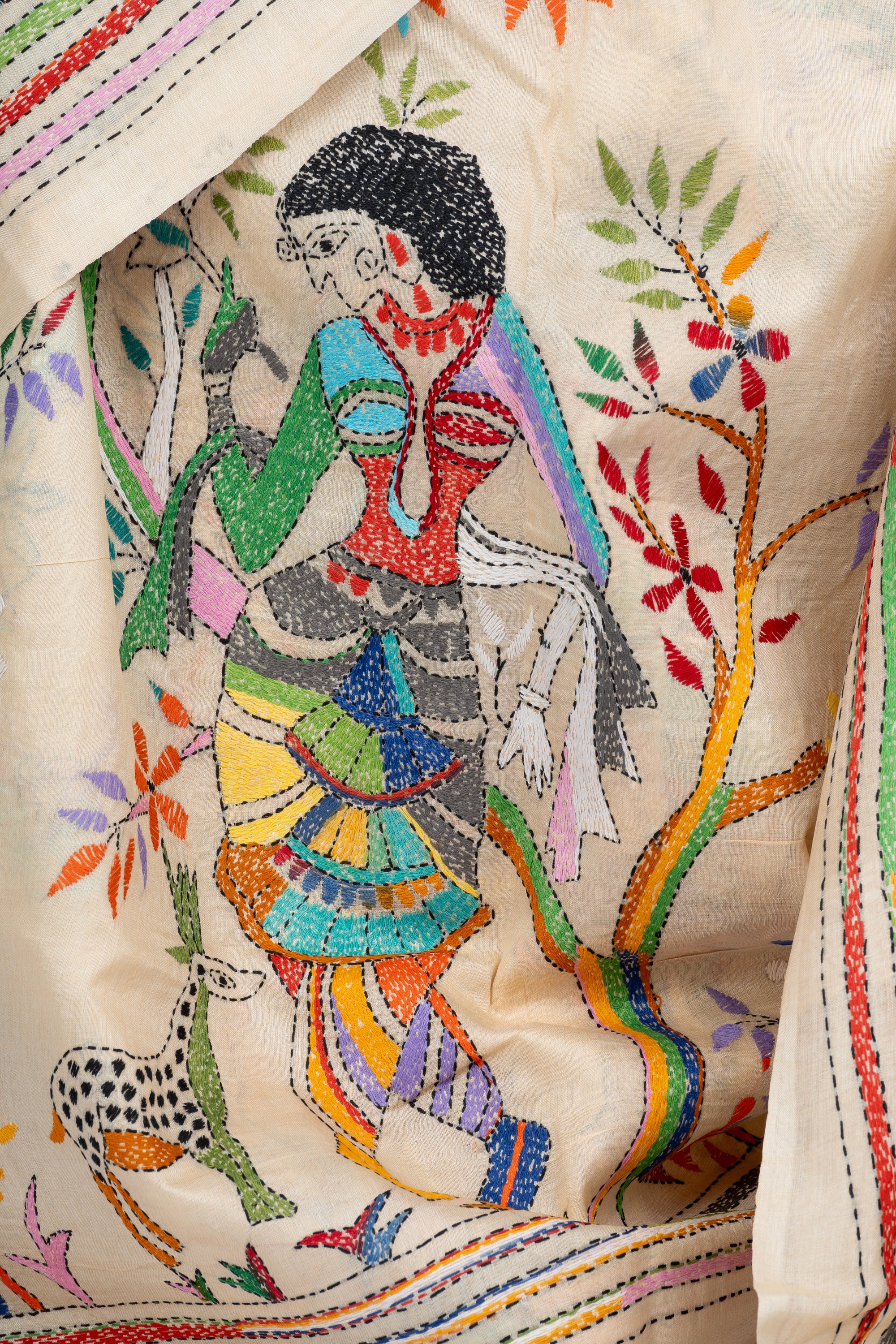 Beige Shakuntala Bengal Kantha Stitch Tussar Silk Saree