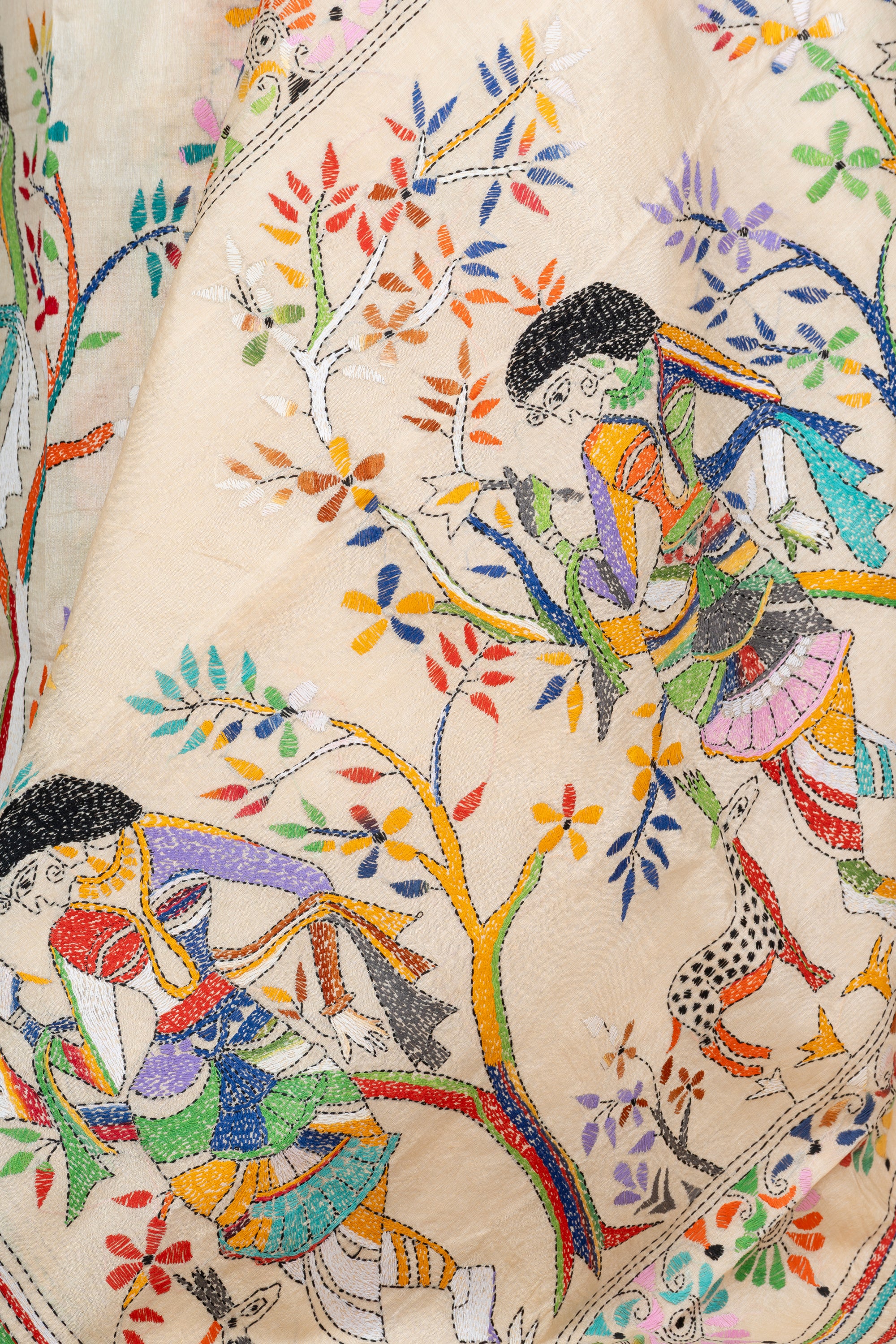 Beige Shakuntala Bengal Kantha Stitch Tussar Silk Saree