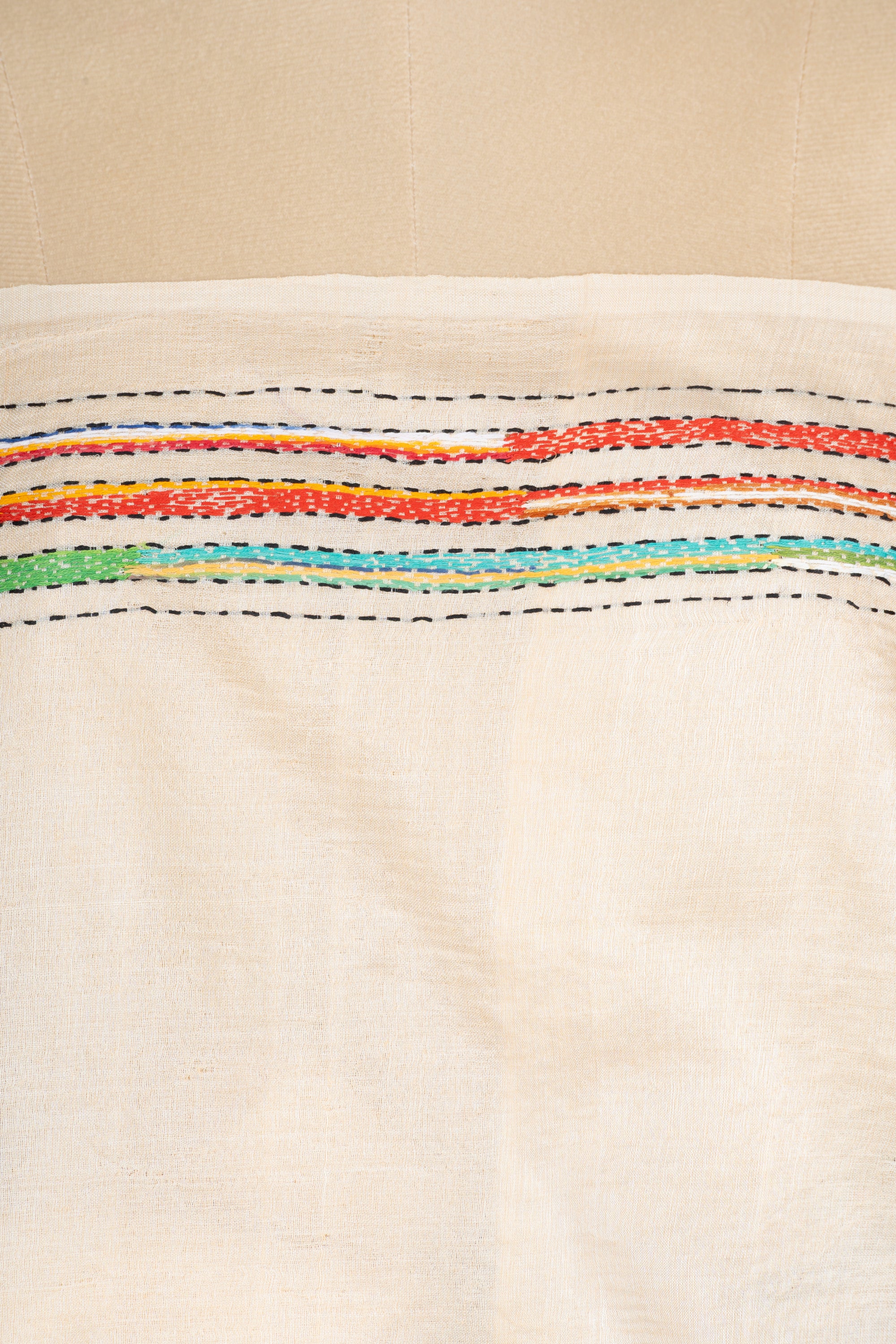 Beige Shakuntala Bengal Kantha Stitch Tussar Silk Saree