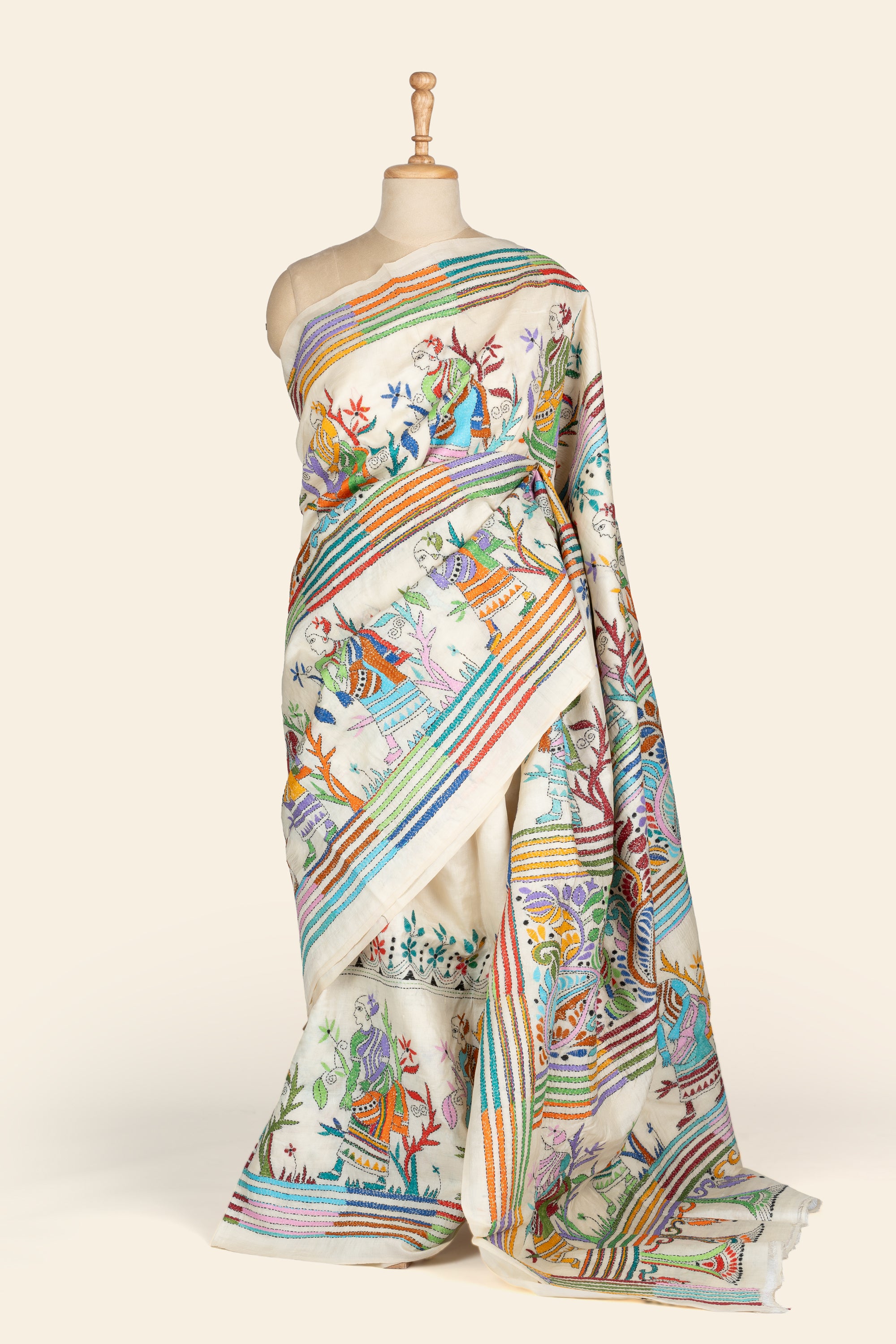 Natural and Multicolour Bengal Kantha Stitch Tussar Silk Saree