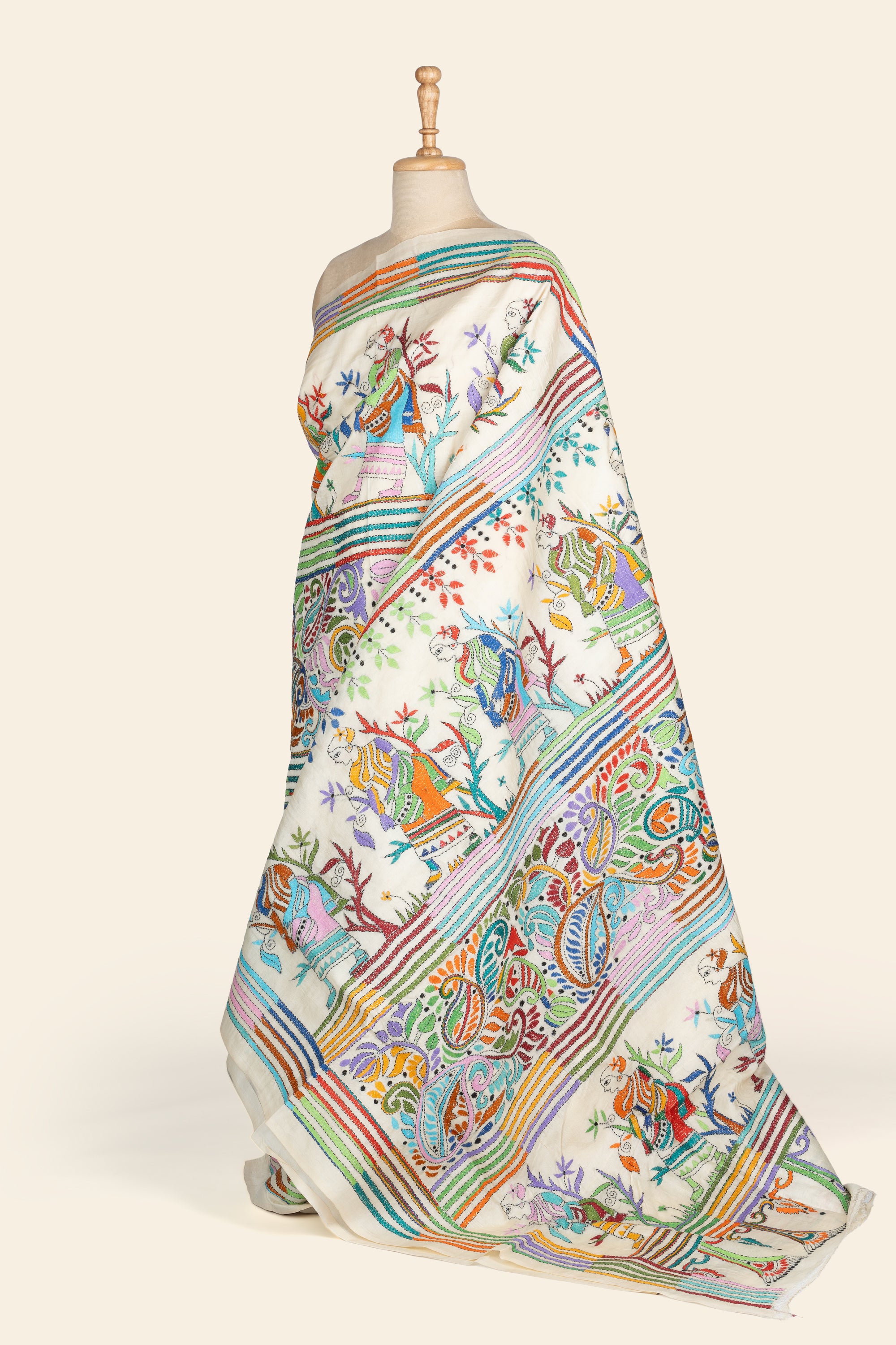 Natural and Multicolour Bengal Kantha Stitch Tussar Silk Saree
