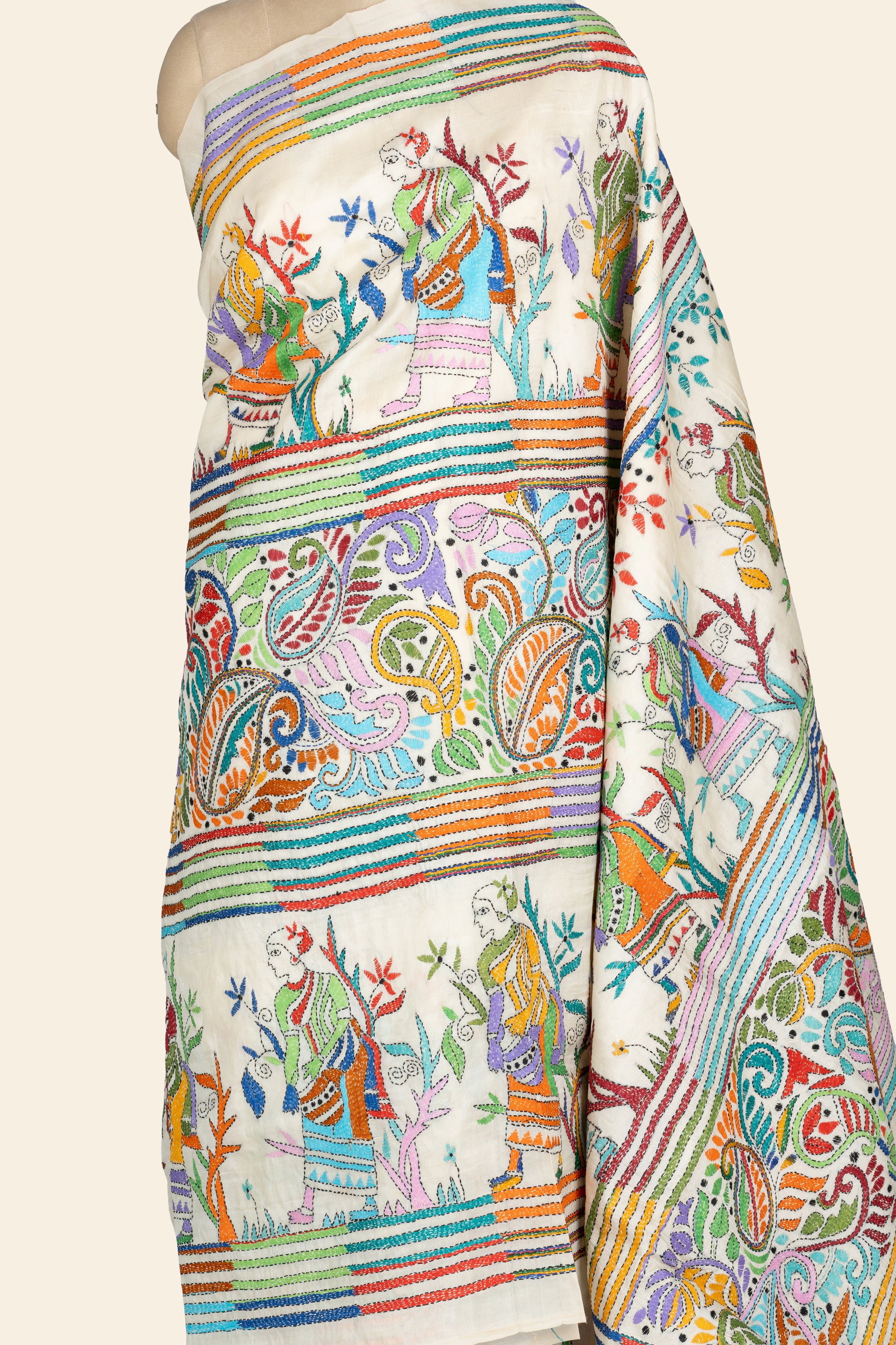 Natural and Multicolour Bengal Kantha Stitch Tussar Silk Saree
