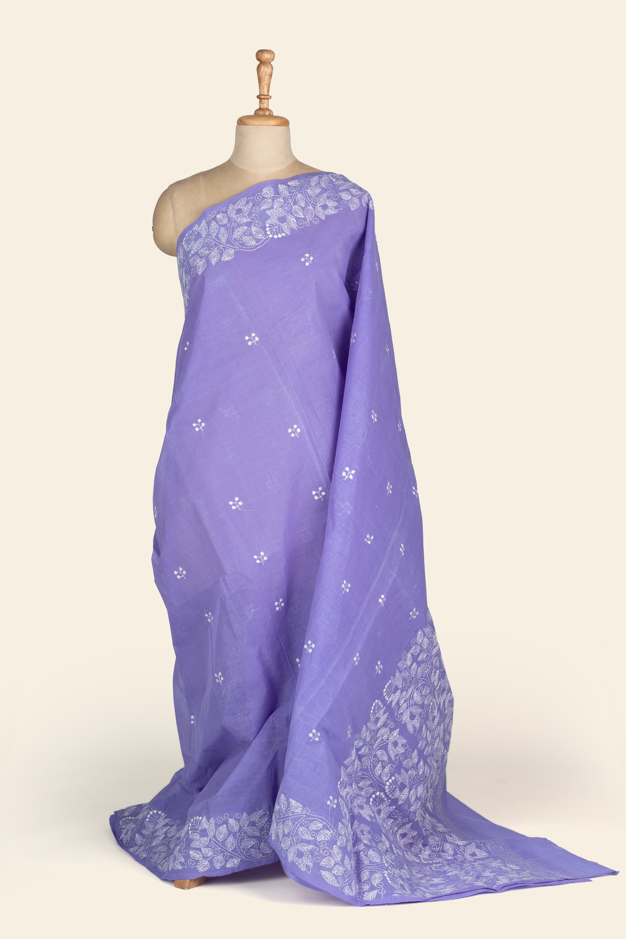 Lavender Bengal Kantha Stitch Pure Cotton Saree