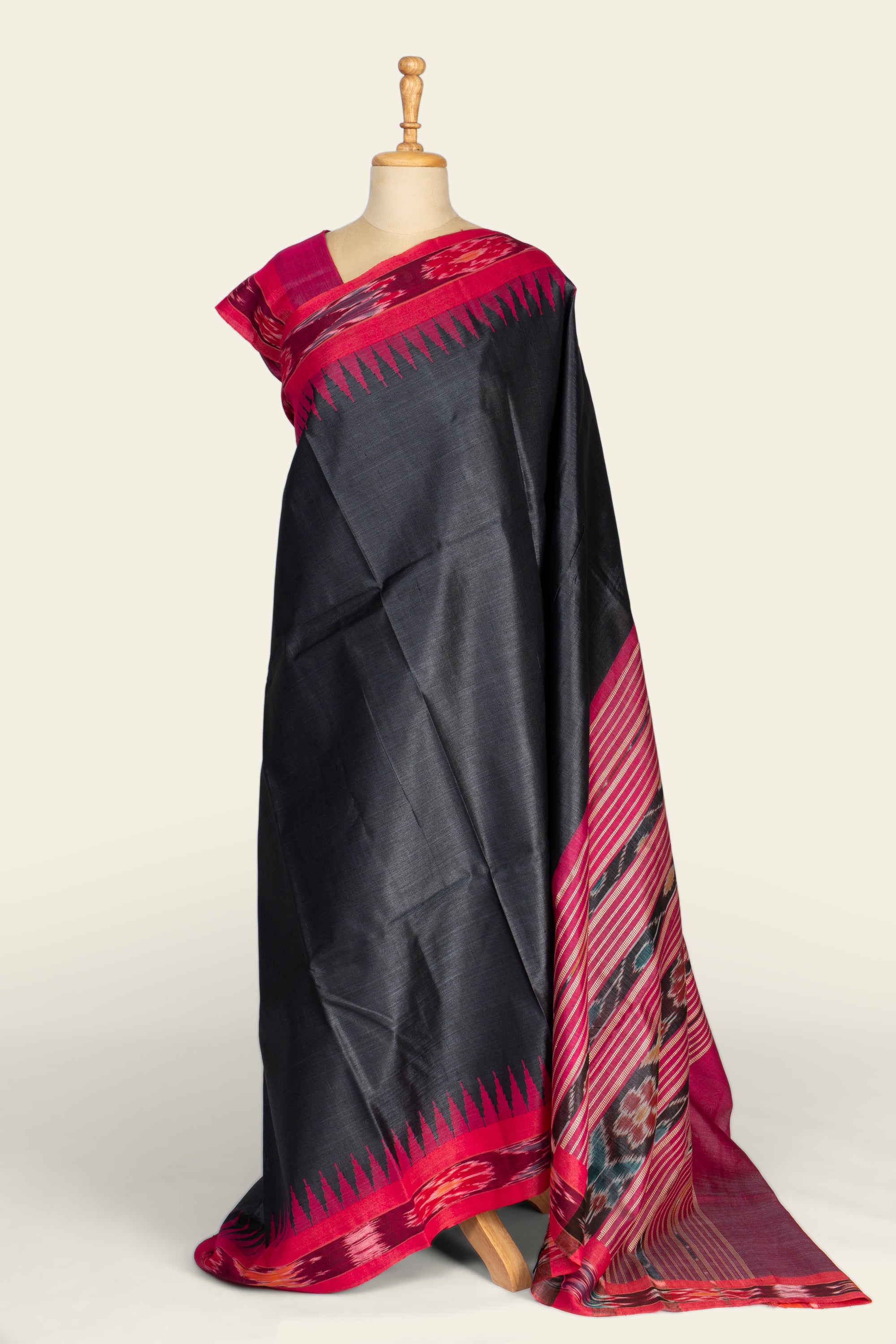 Black and Pink Sambalpuri Border Chhattisgarh Pure Tussar Silk Saree