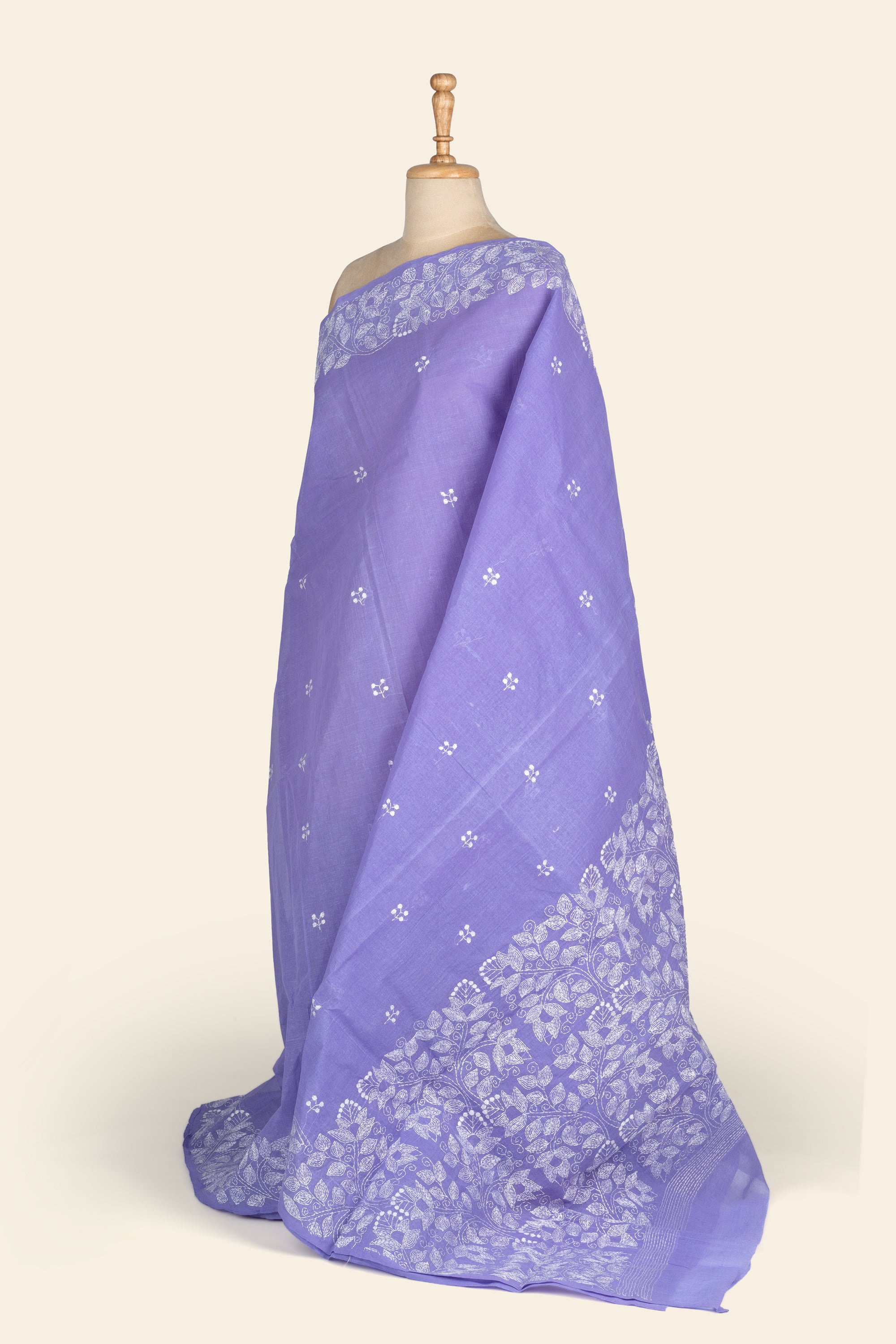 Lavender Bengal Kantha Stitch Pure Cotton Saree
