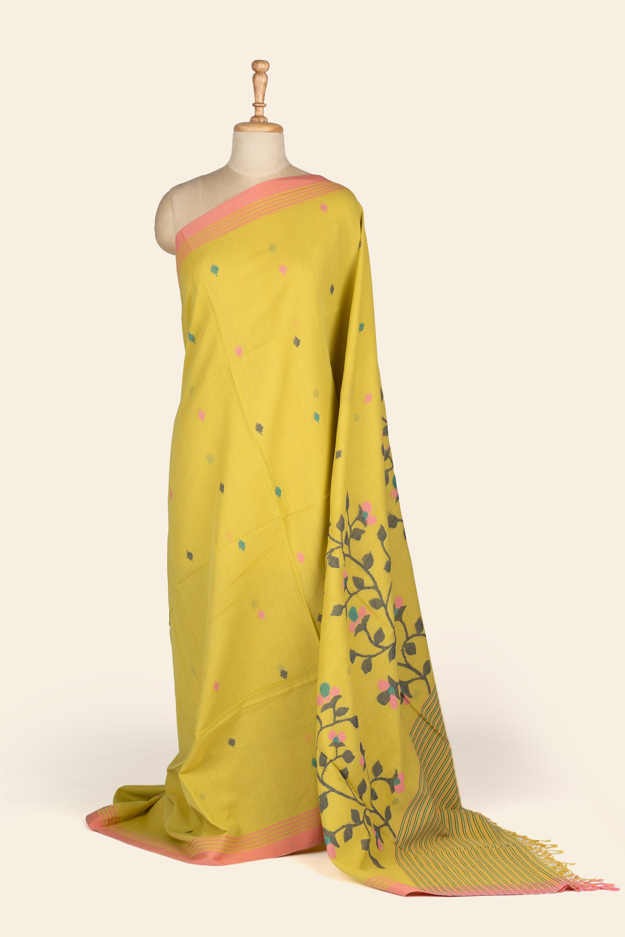 Mustard Yellow Handwoven Jamdani Bengal Cotton Saree