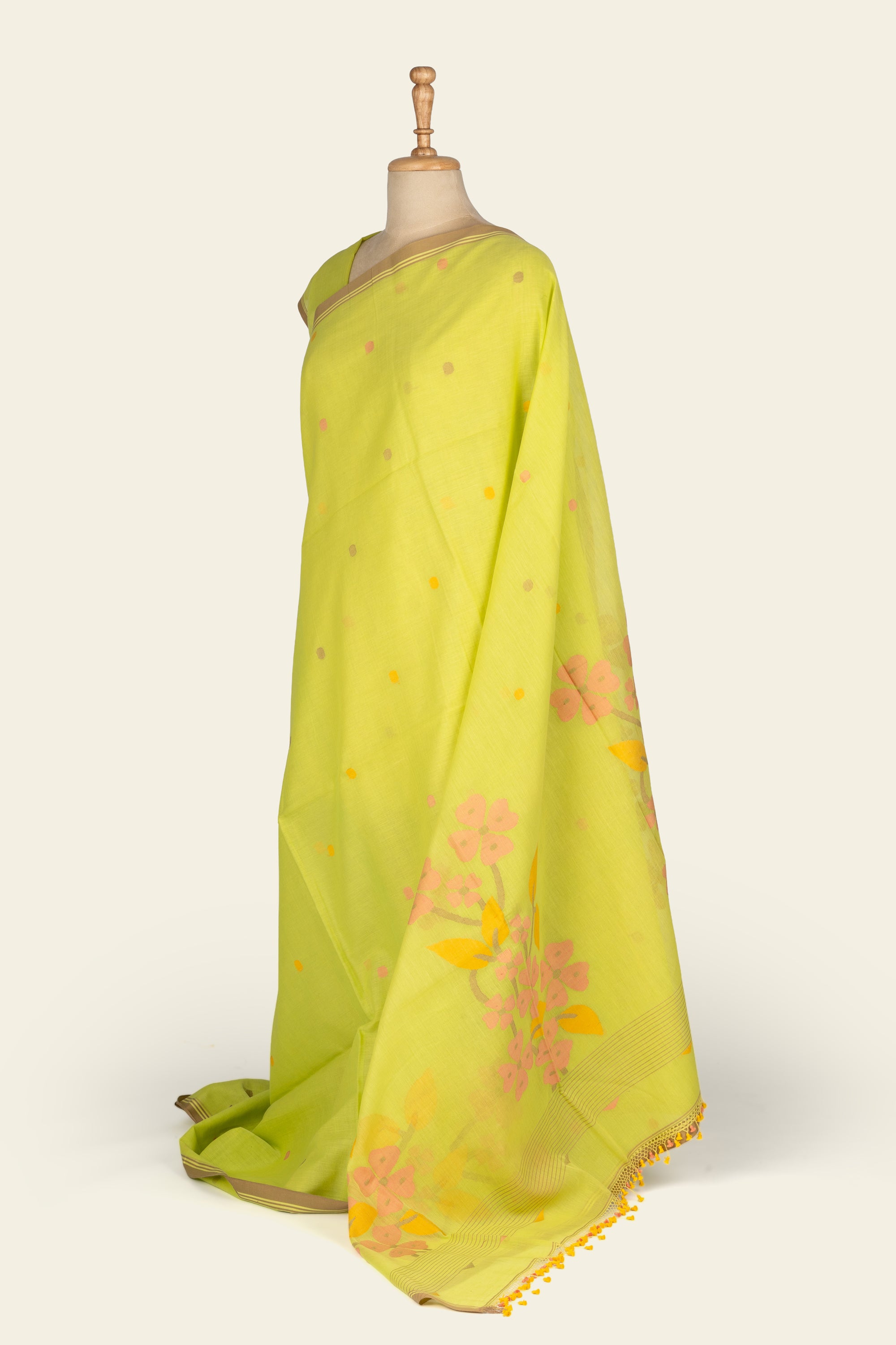 Lime Green Handwoven Floral Jamdani Bengal Cotton Saree