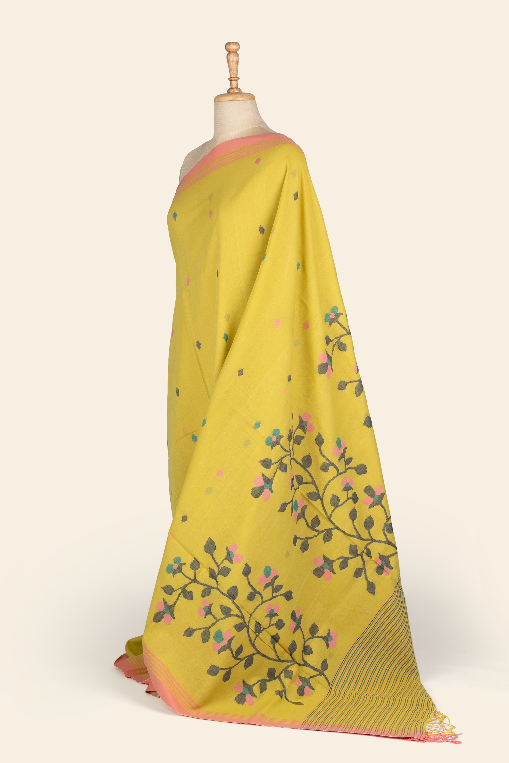 Mustard Yellow Handwoven Jamdani Bengal Cotton Saree