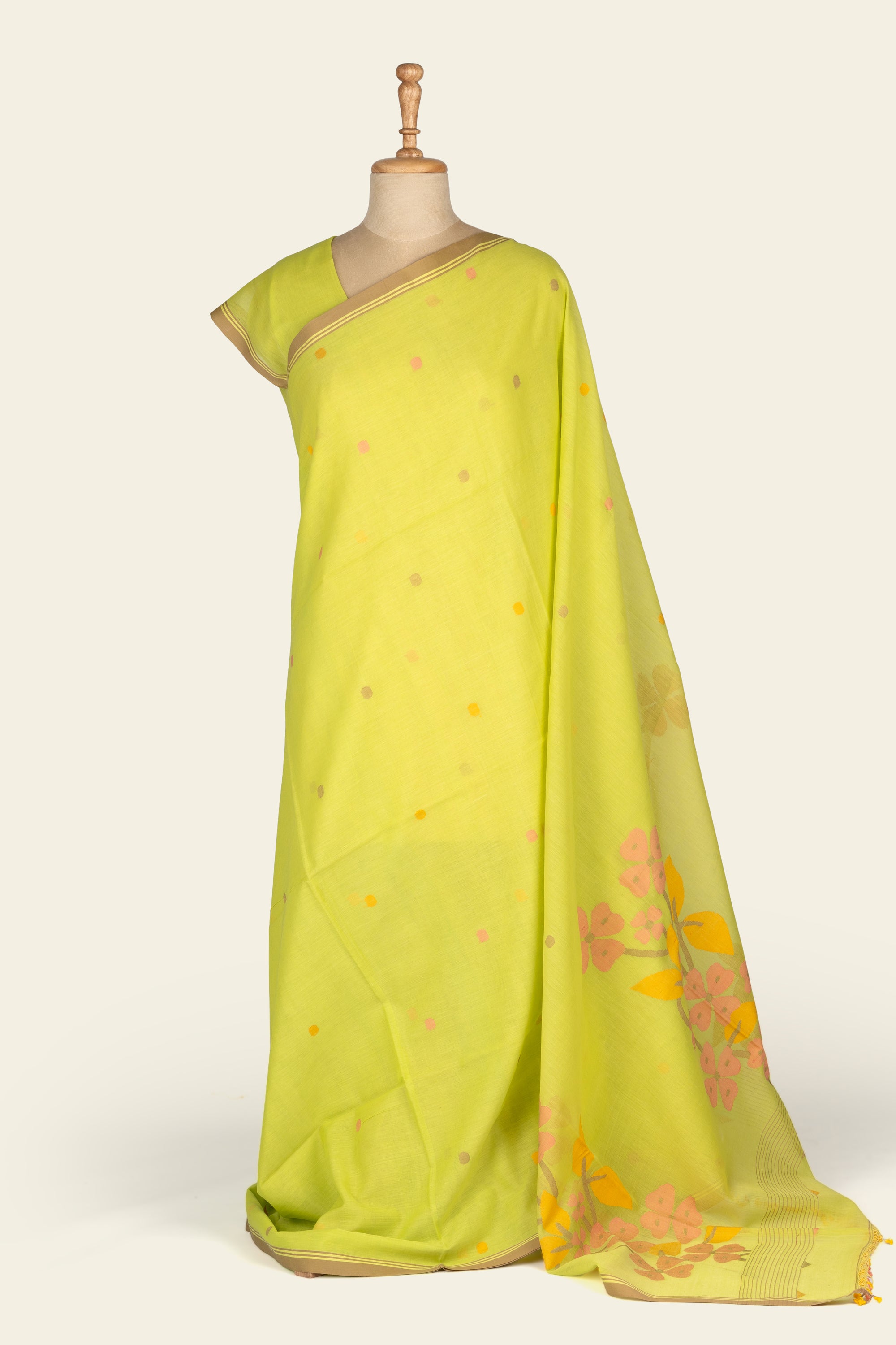 Lime Green Handwoven Floral Jamdani Bengal Cotton Saree