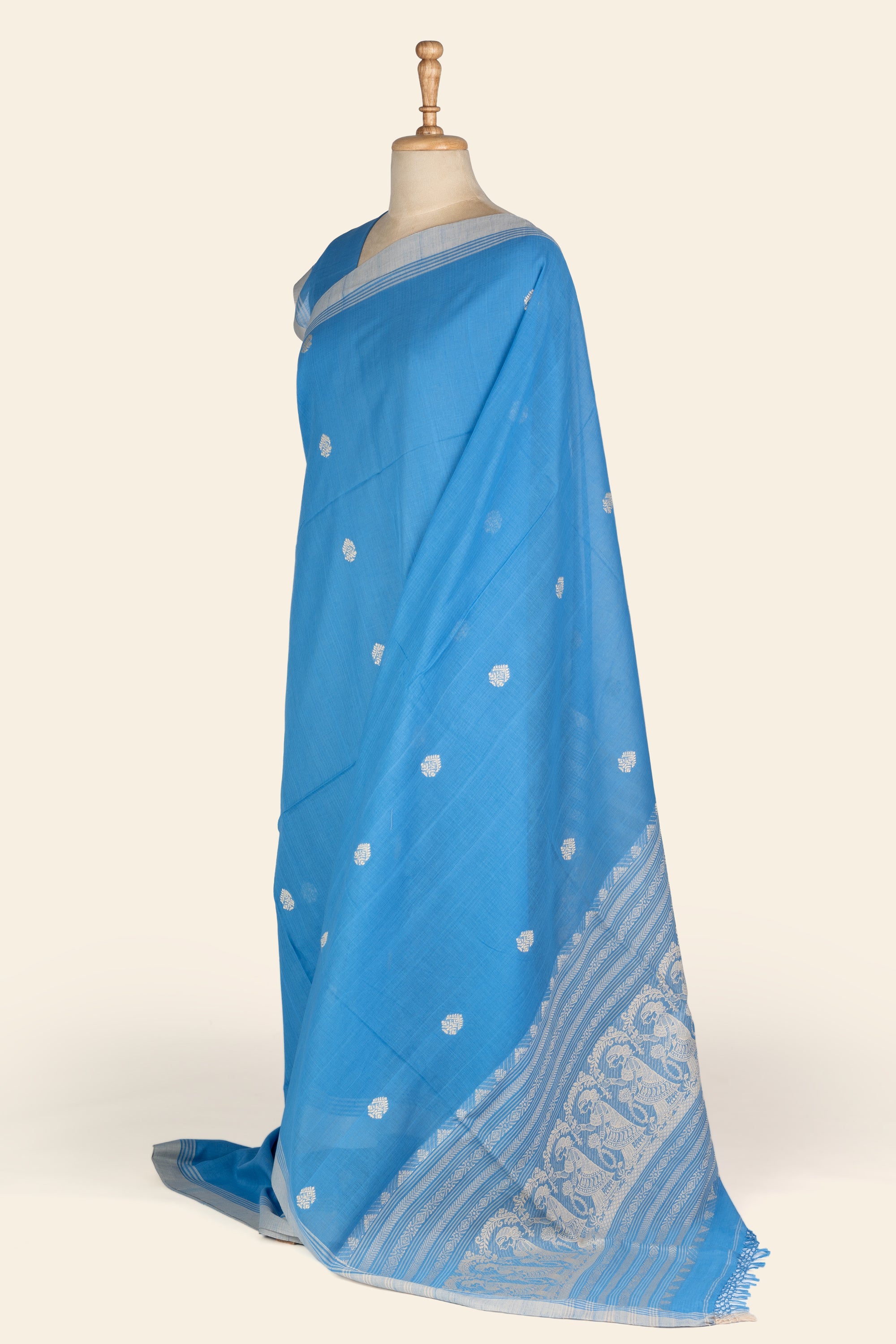 Powdered Blue Baluchuri Handwoven Bengal Cotton Saree