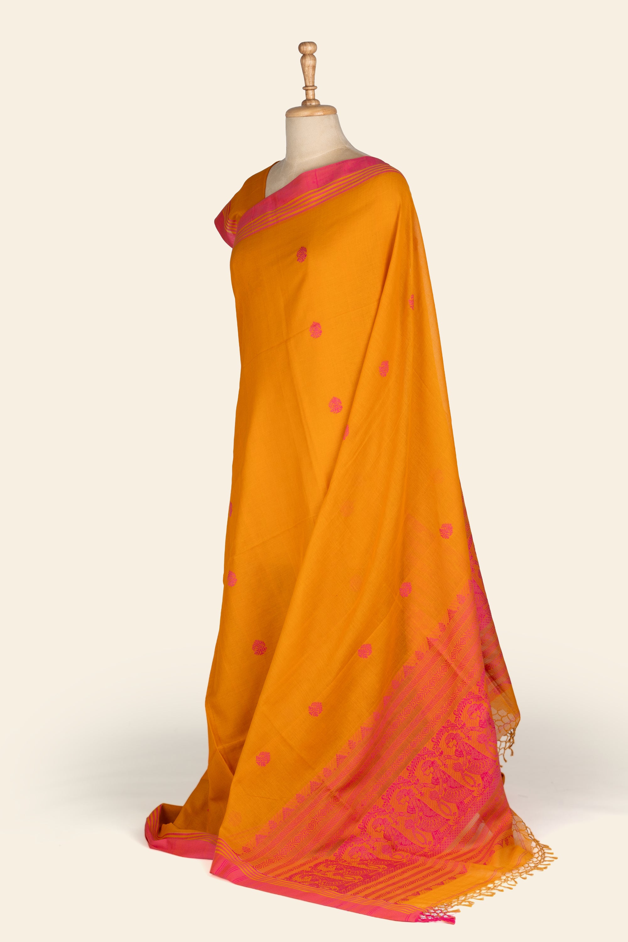 Sunset Orange Baluchuri Handwoven Bengal Cotton Saree