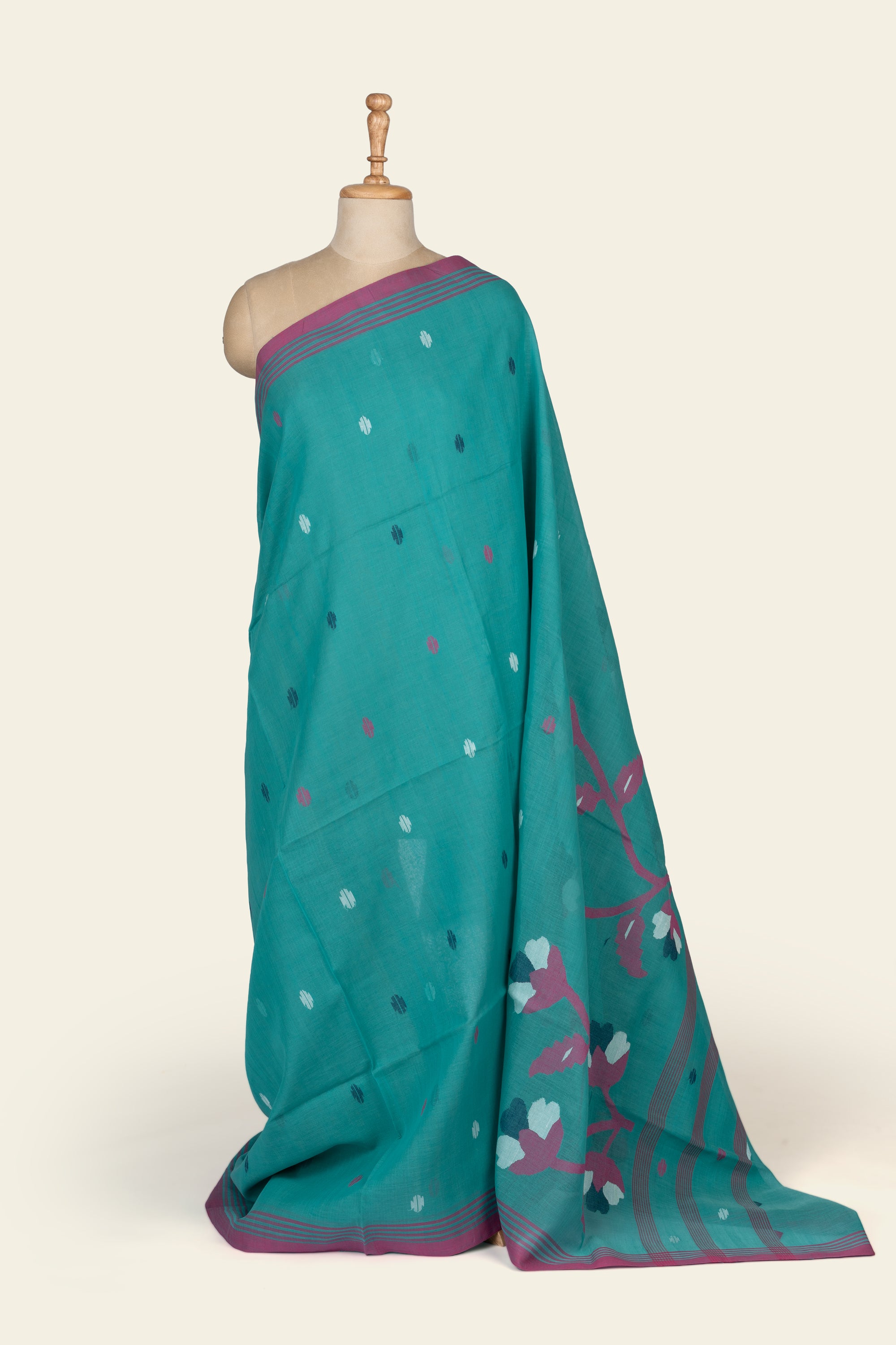 Teal Blue Handwoven Jamdani Bengal Cotton Saree