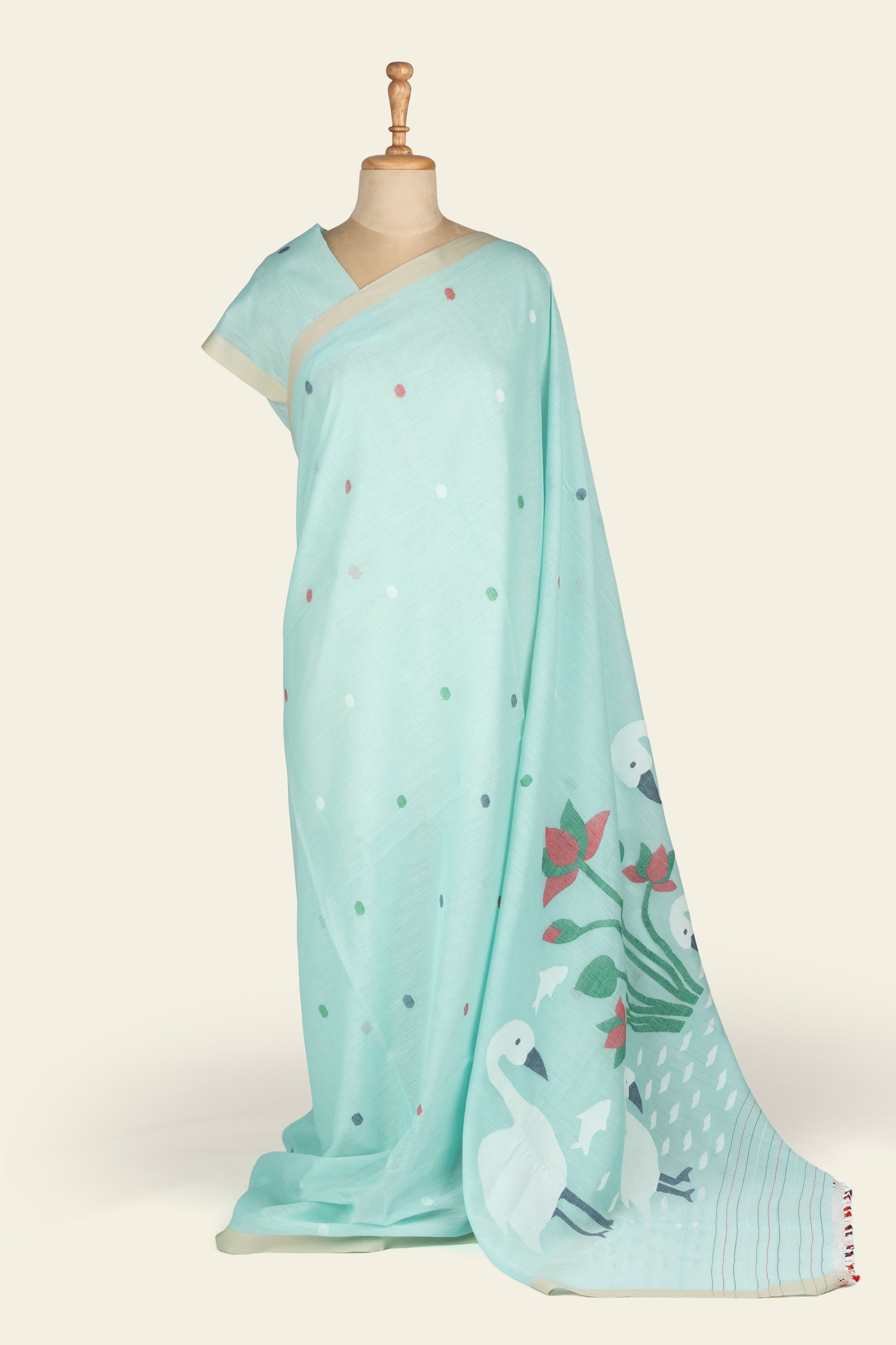 Blue Handwoven Bird Jamdani Bengal Cotton Saree
