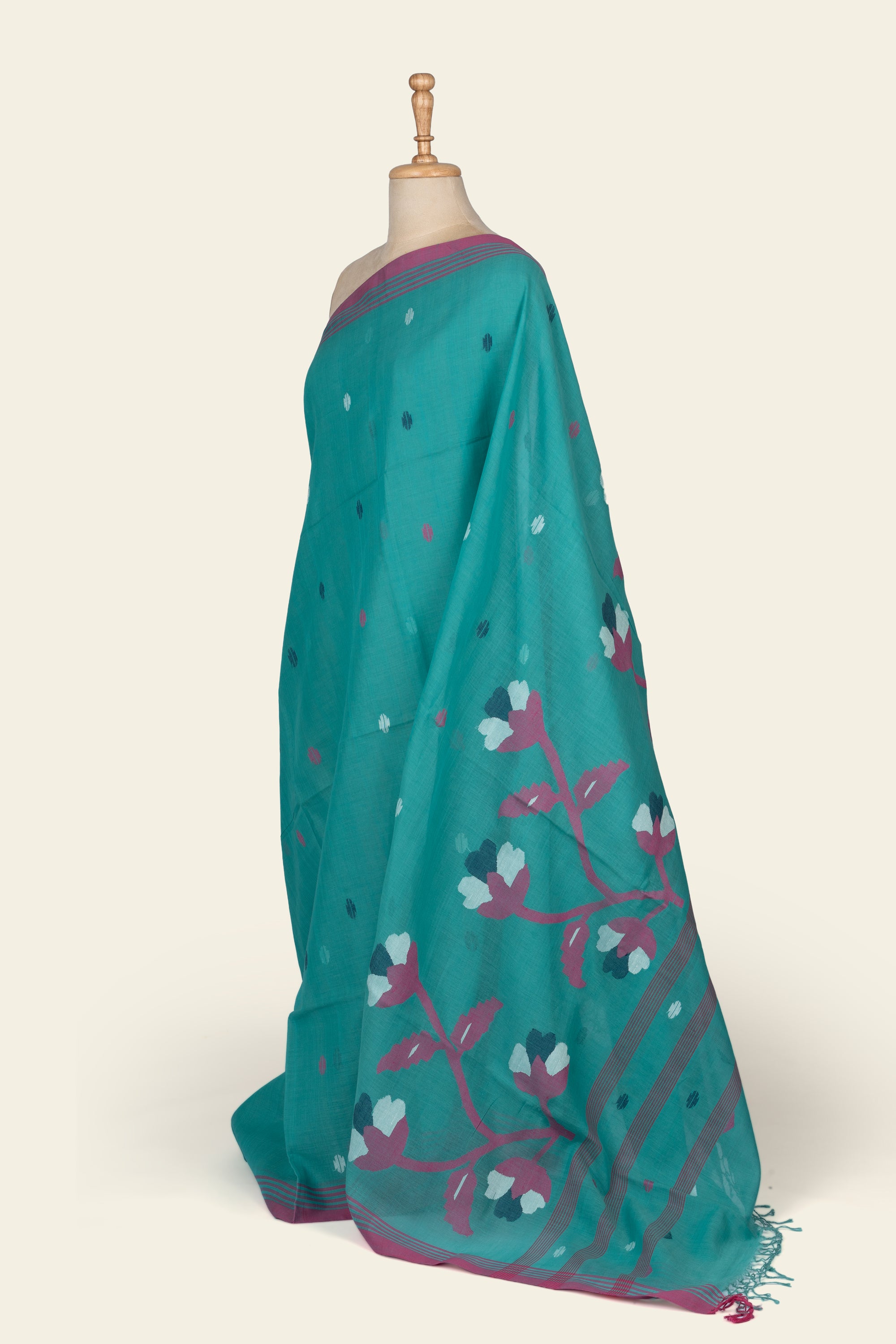 Teal Blue Handwoven Jamdani Bengal Cotton Saree