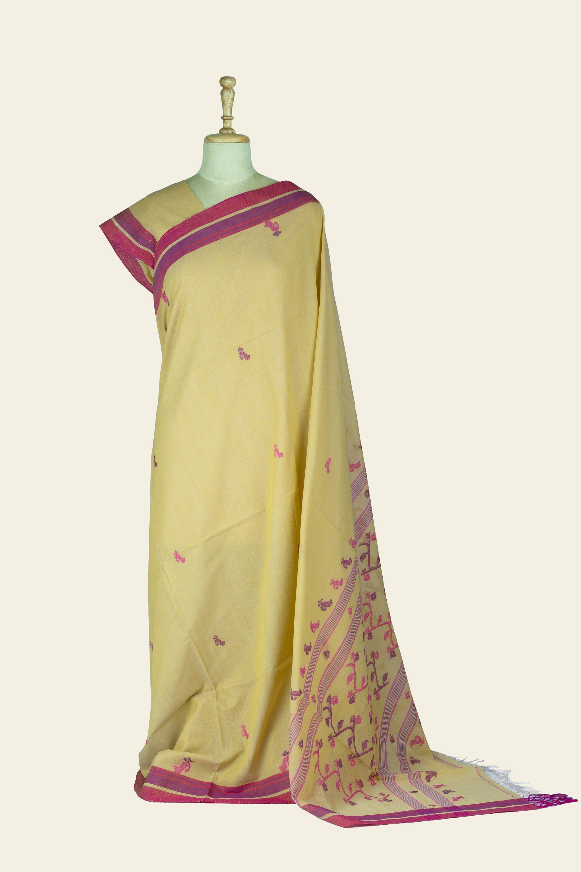Lemon Yellow Handwoven Jamdani Bengal Cotton Saree