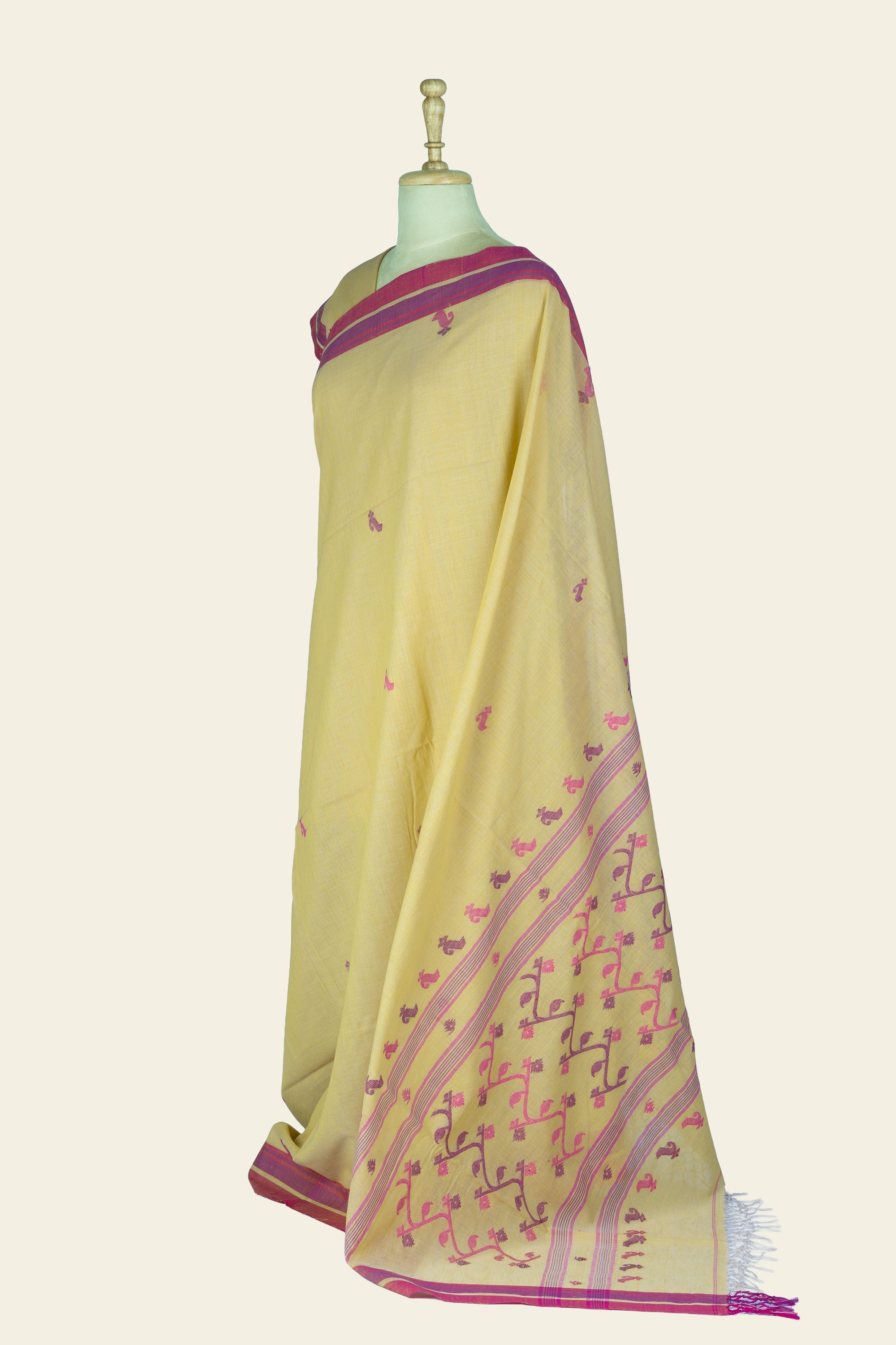 Lemon Yellow Handwoven Jamdani Bengal Cotton Saree