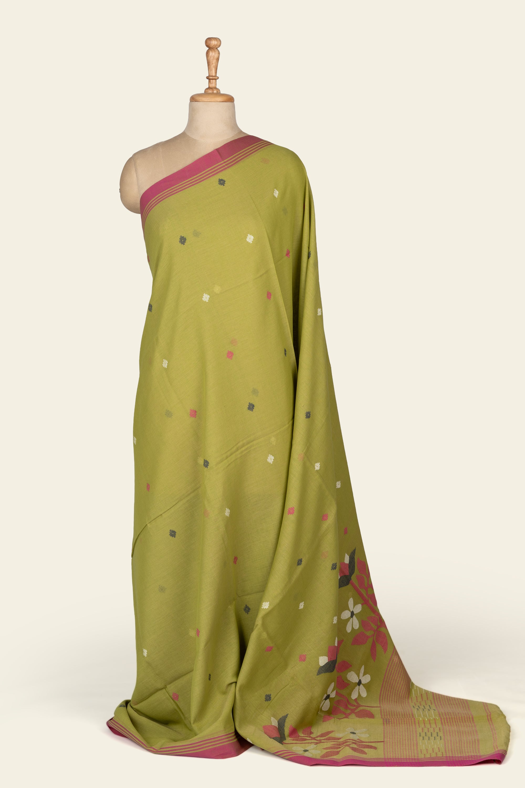 Olive Green Handwoven Jamdani Bengal Cotton Saree
