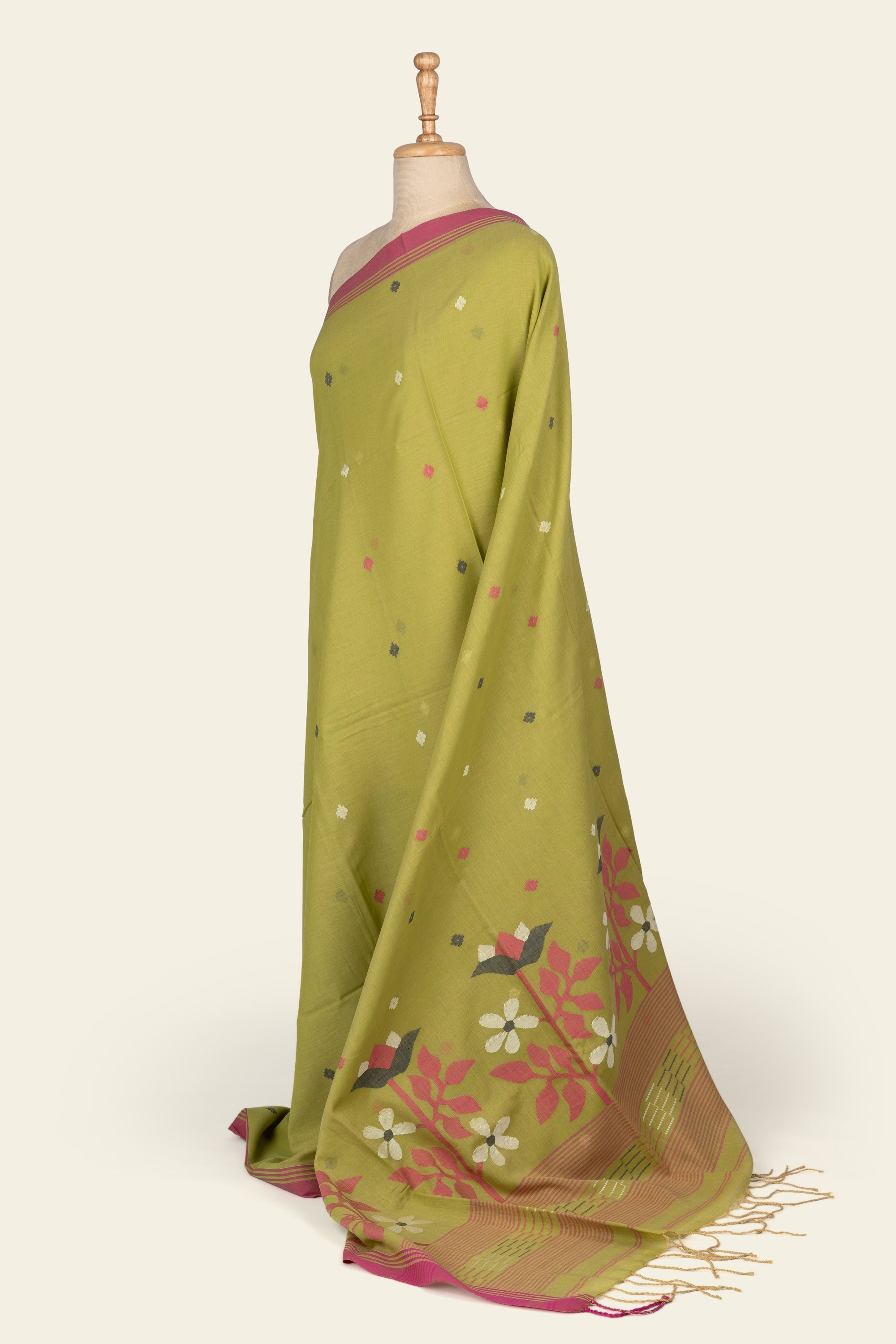 Olive Green Handwoven Jamdani Bengal Cotton Saree