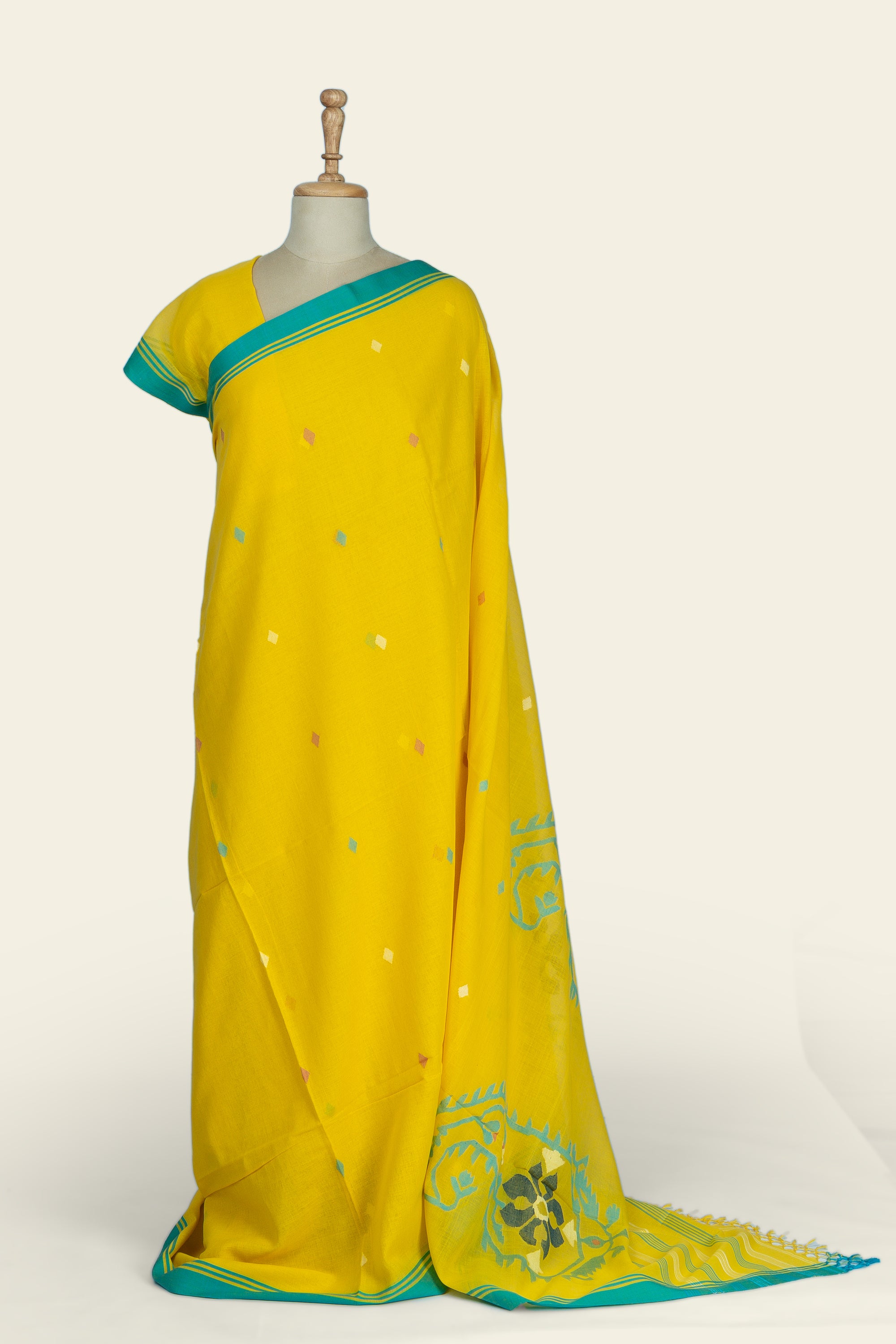 Bright Yellow Bengal Jamdani  Cotton Saree