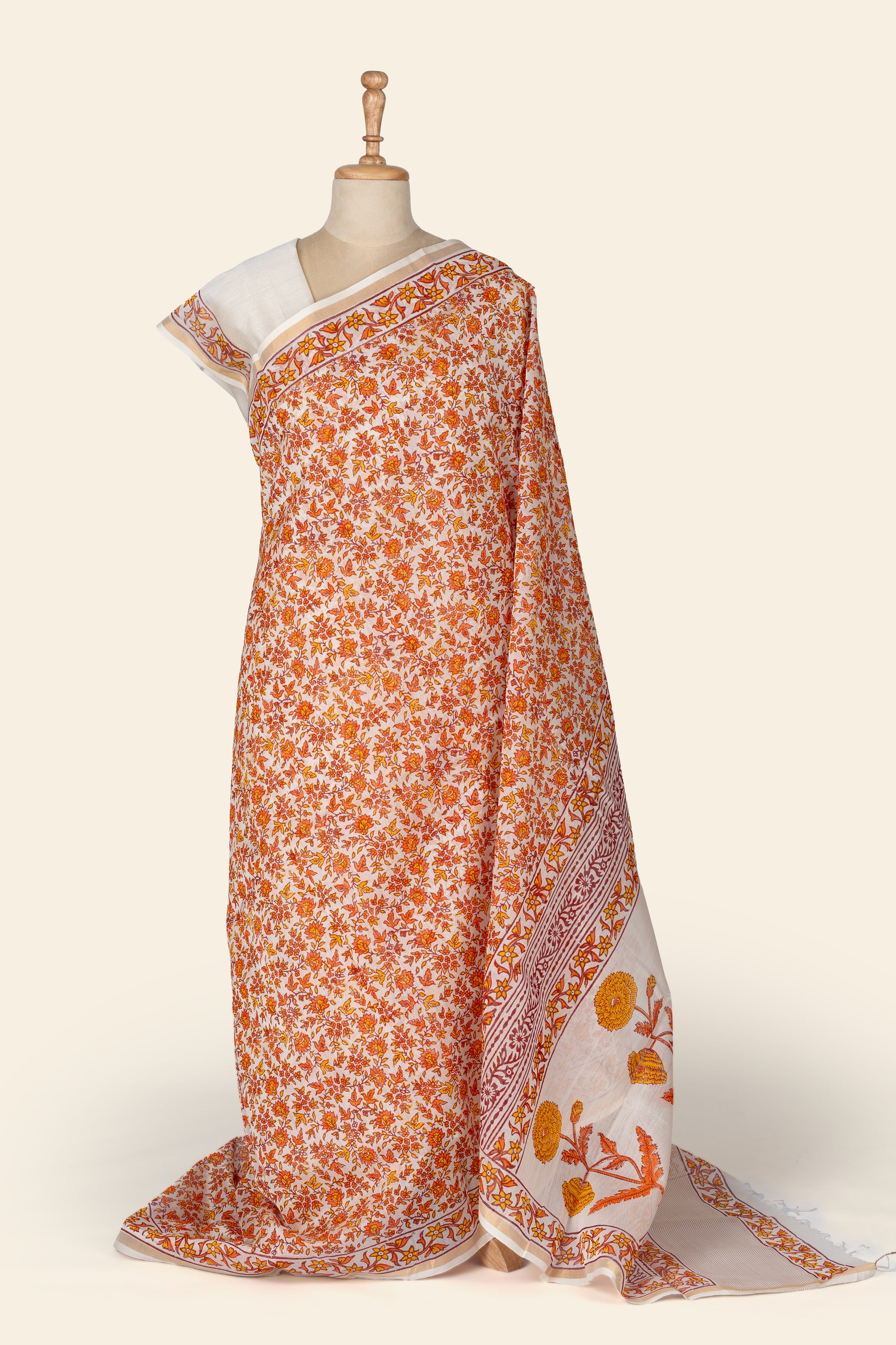 Natural and Orange Handblock Print Maheshwari Silk Cotton Saree