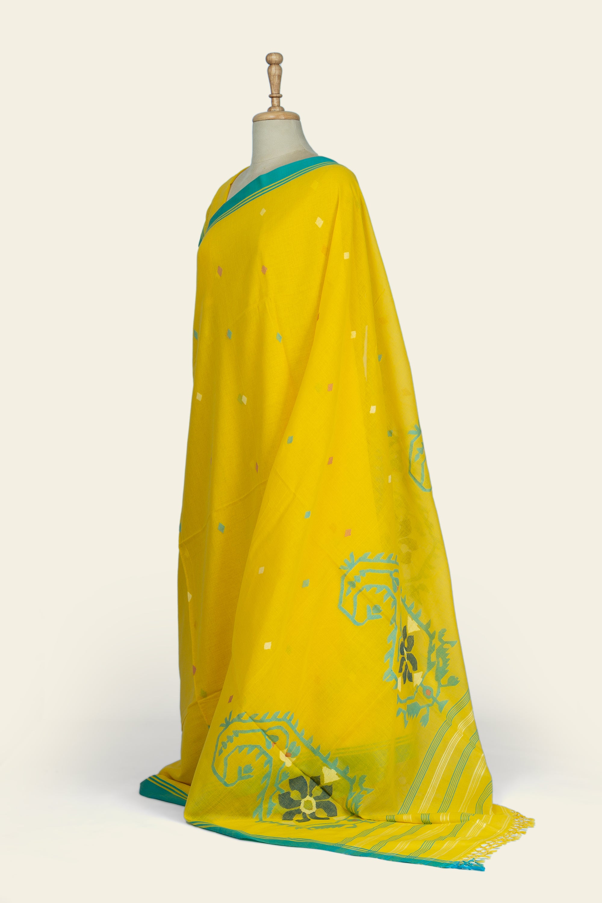 Bright Yellow Bengal Jamdani  Cotton Saree