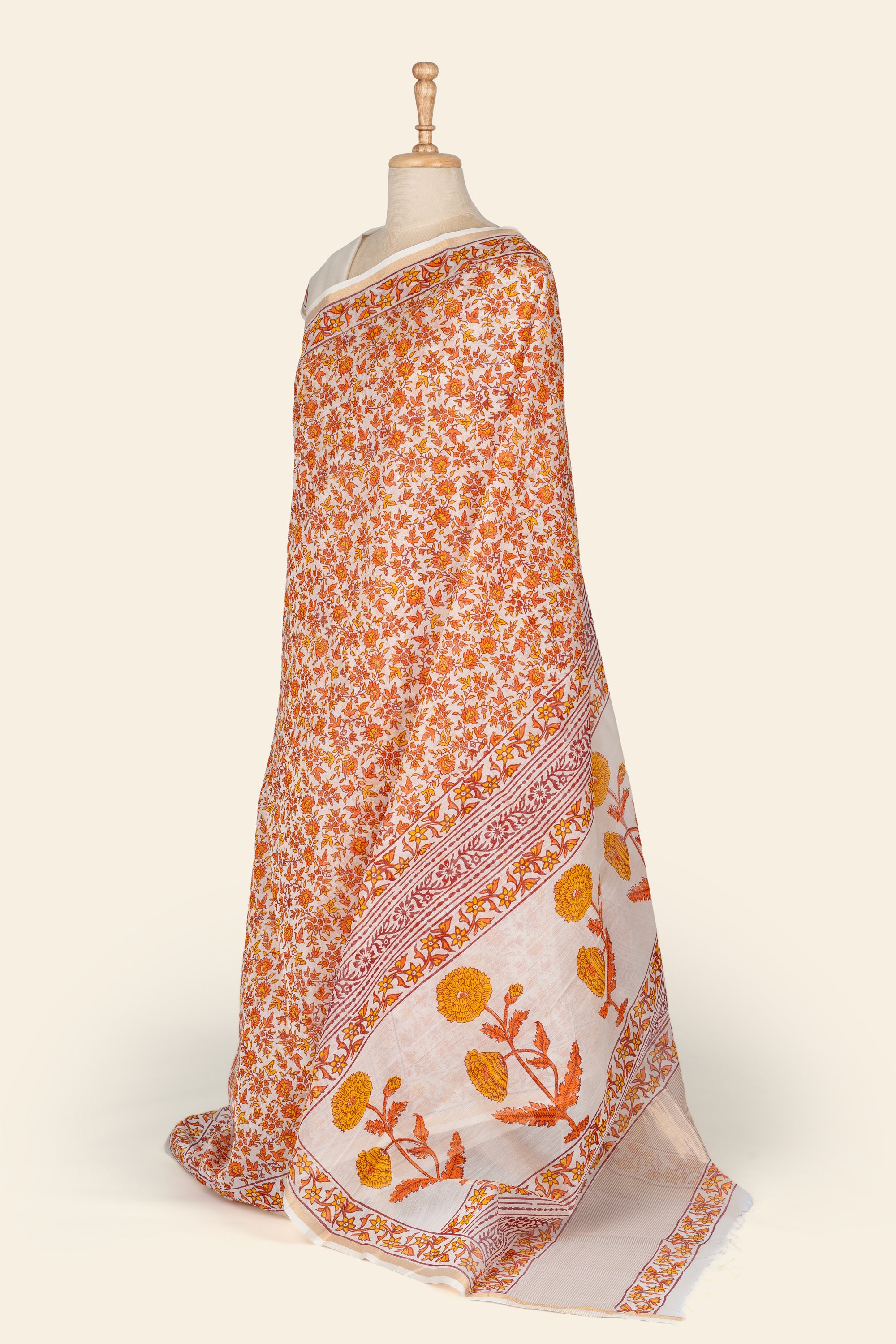 Natural and Orange Handblock Print Maheshwari Silk Cotton Saree