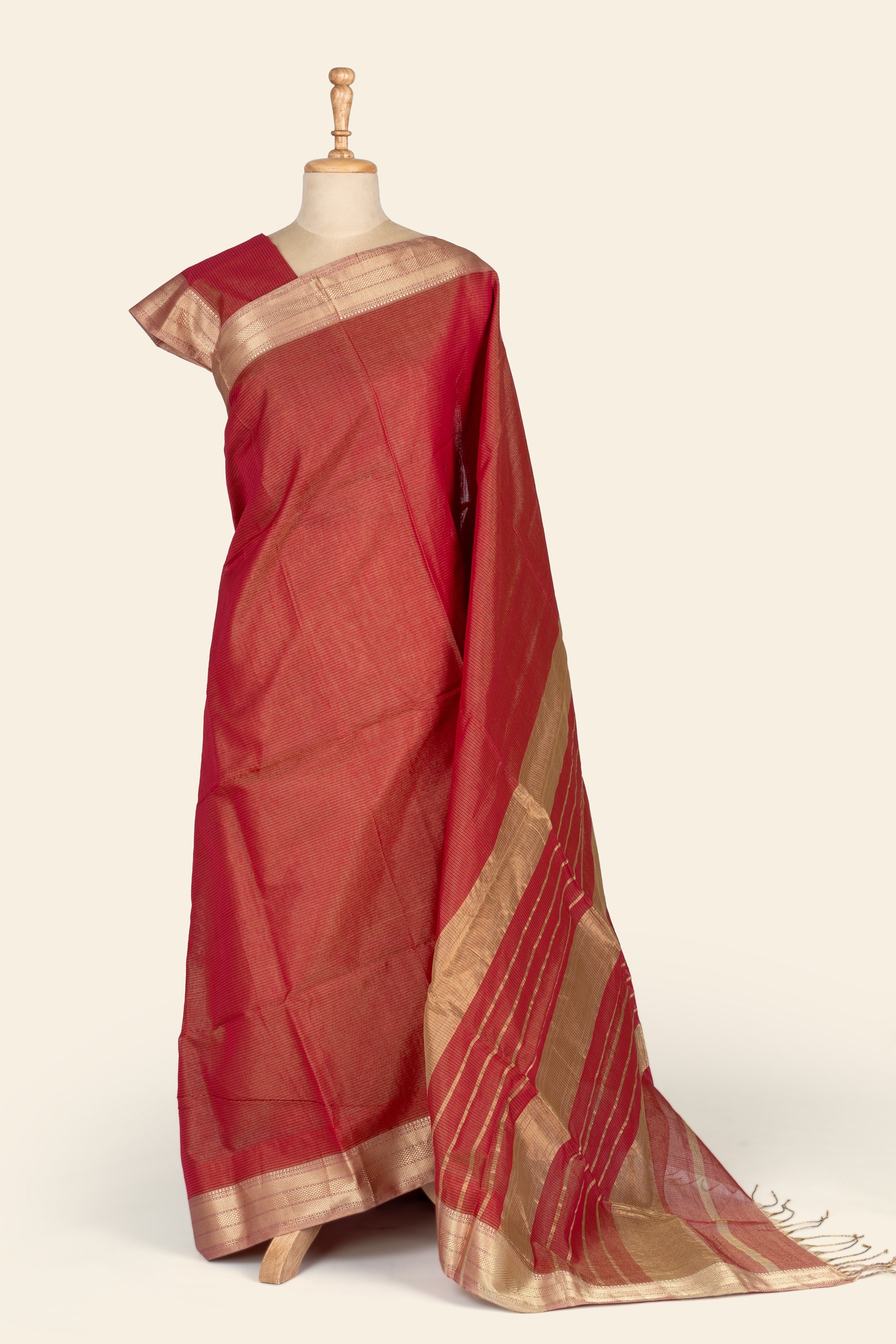 Red Tissue Maheshwari Silk Cotton Saree