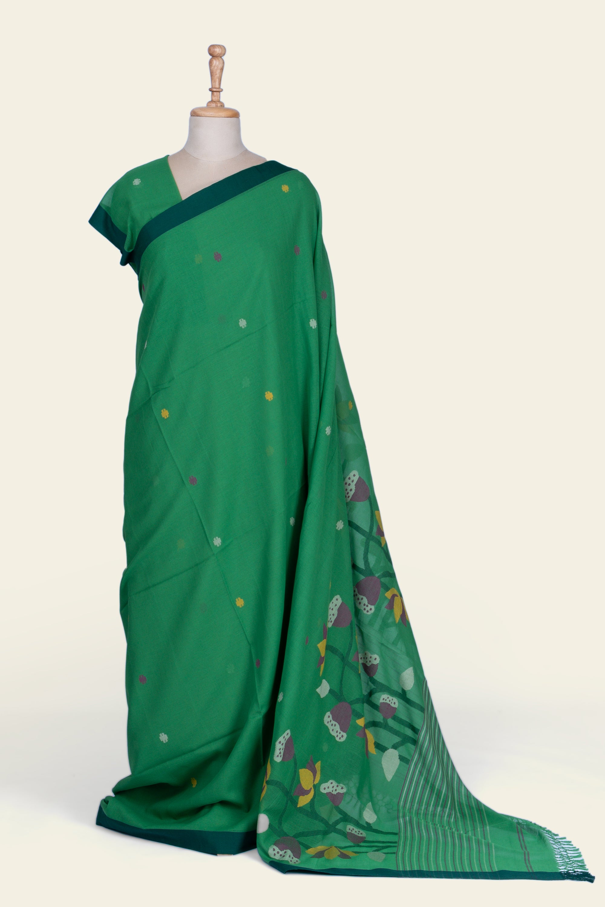 Basil Green Bengal Jamdani  Cotton Saree