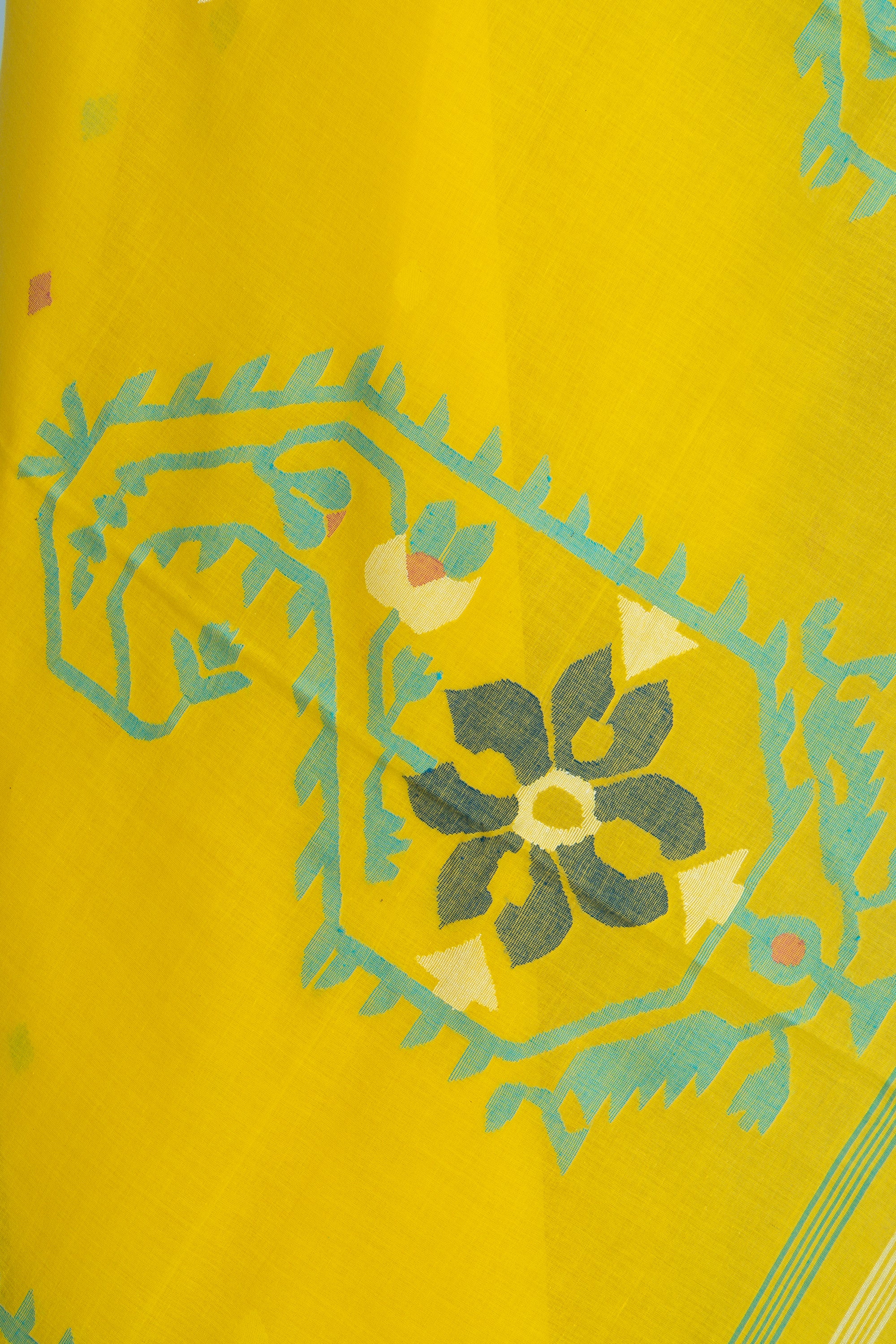 Bright Yellow Bengal Jamdani  Cotton Saree