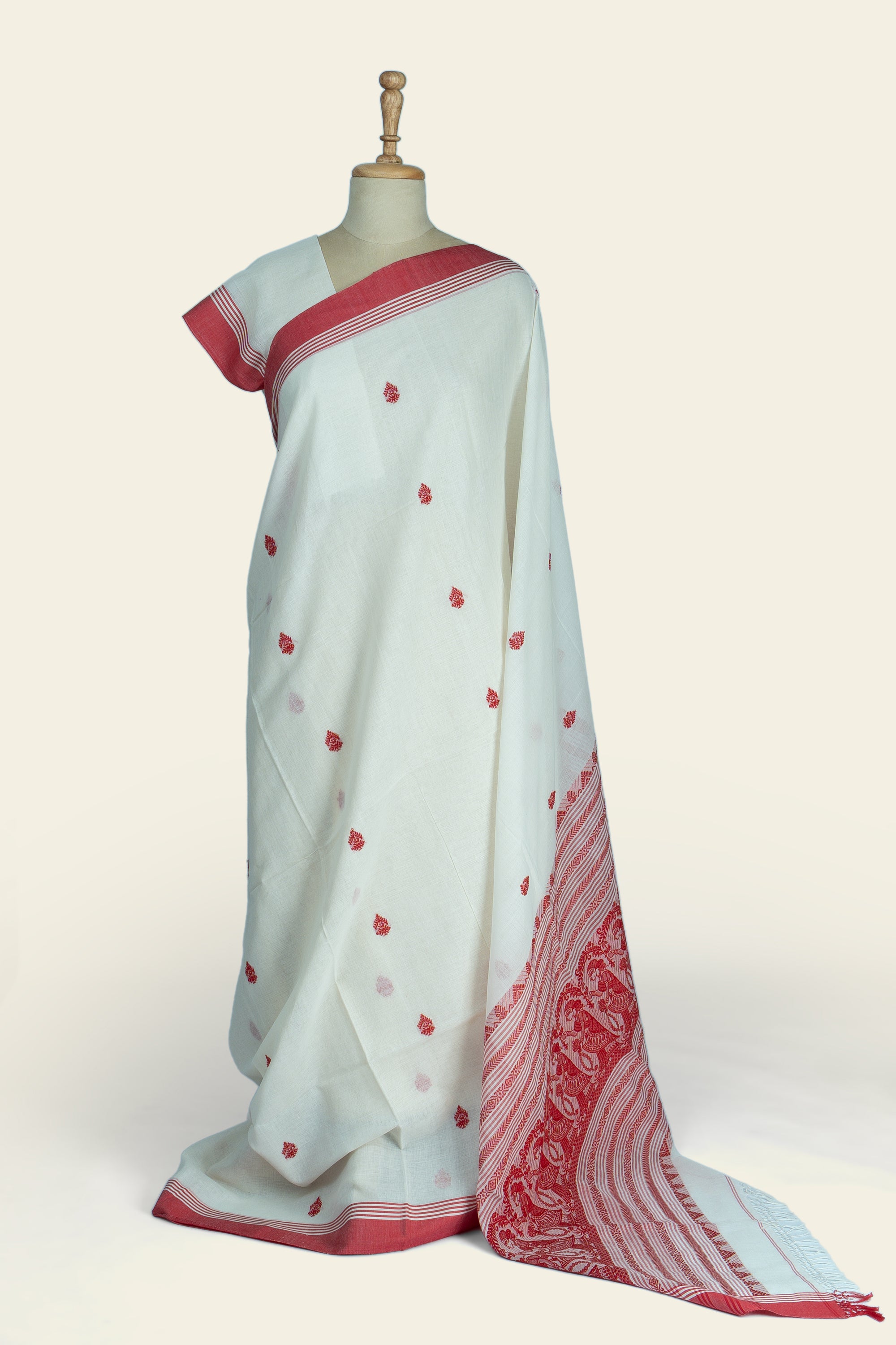 Red and white Baluchuri Handwoven Bengal Cotton Saree