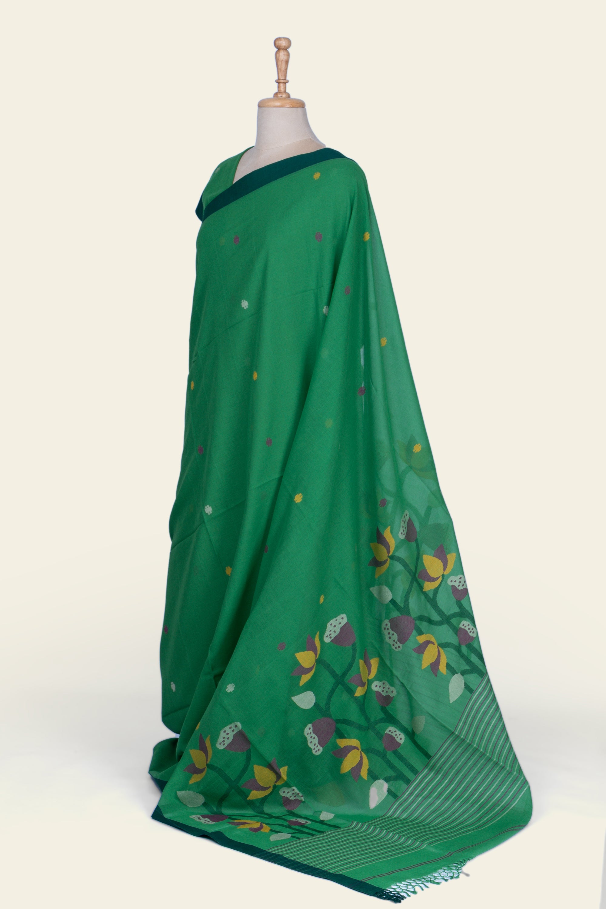 Basil Green Bengal Jamdani  Cotton Saree