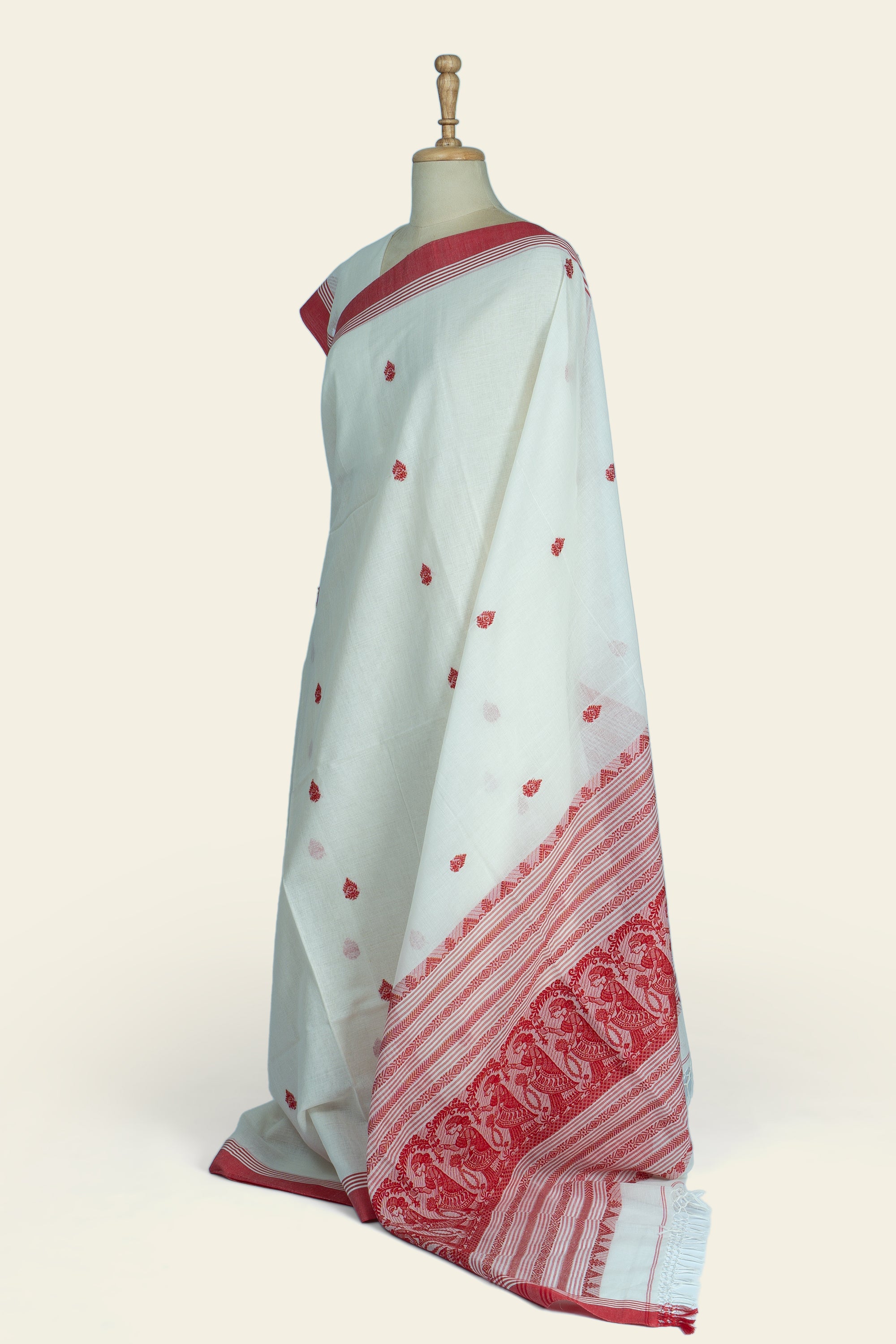 Red and white Baluchuri Handwoven Bengal Cotton Saree
