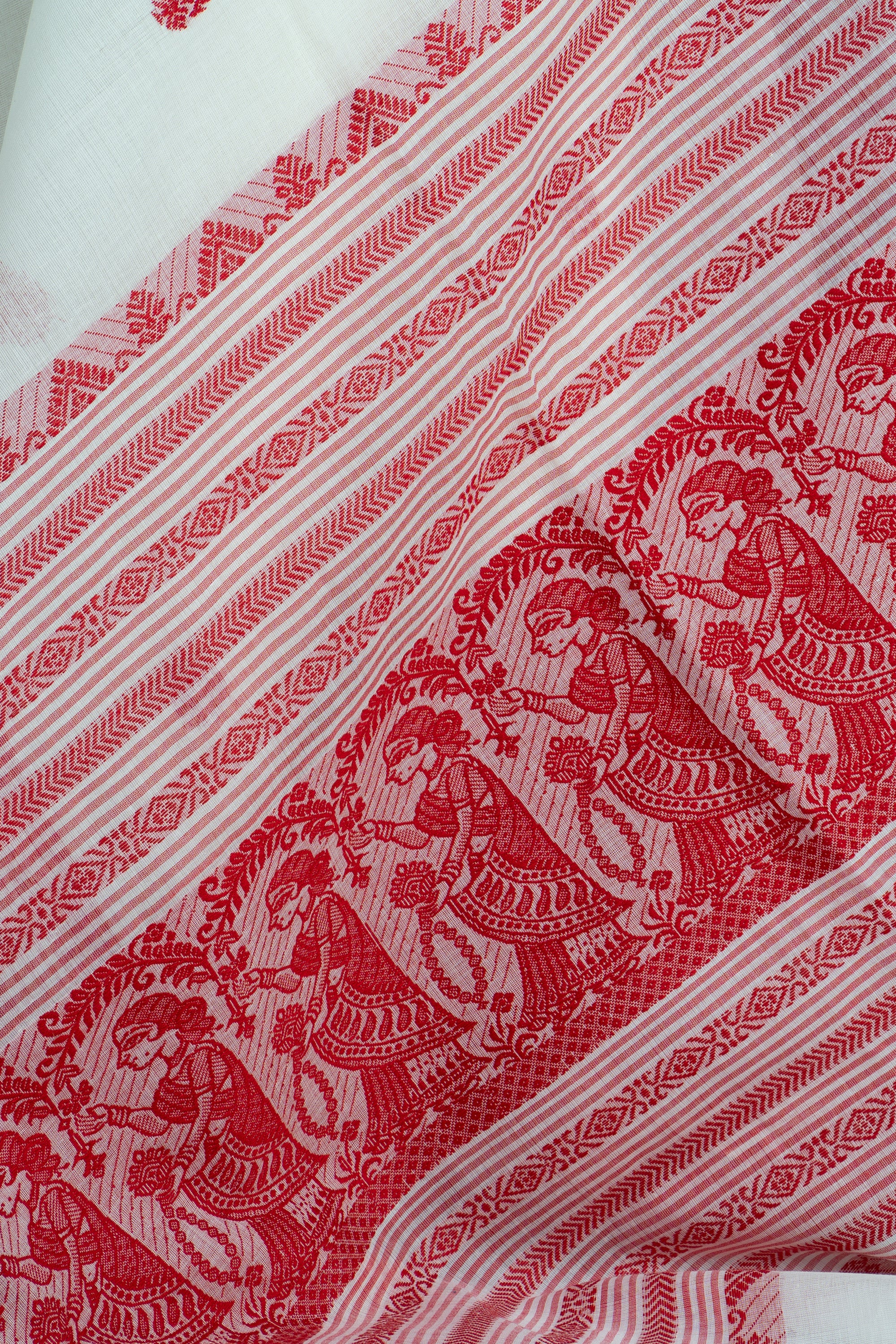 Red and white Baluchuri Handwoven Bengal Cotton Saree