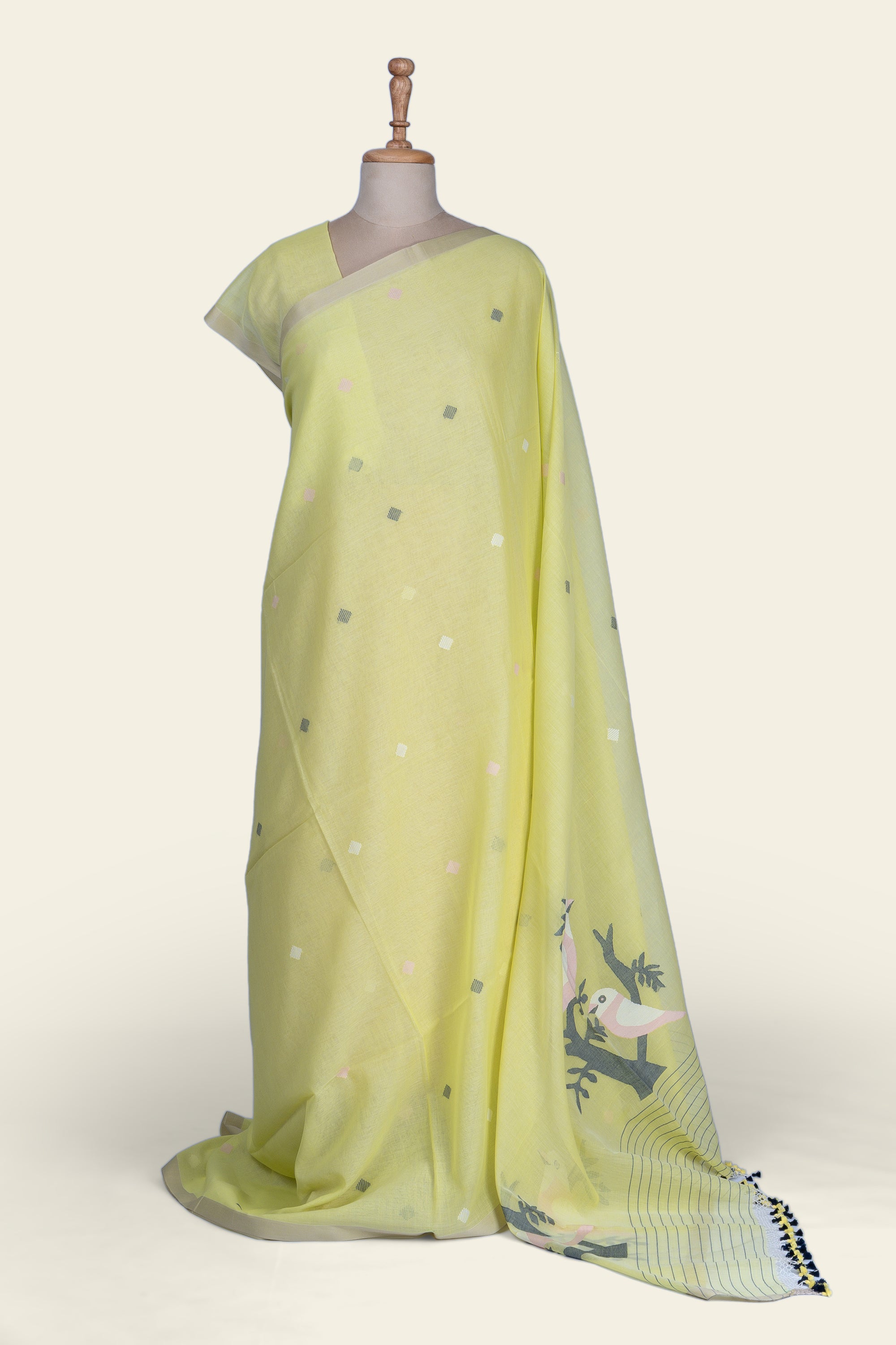 Lime Yellow Bengal Jamdani  Cotton Saree
