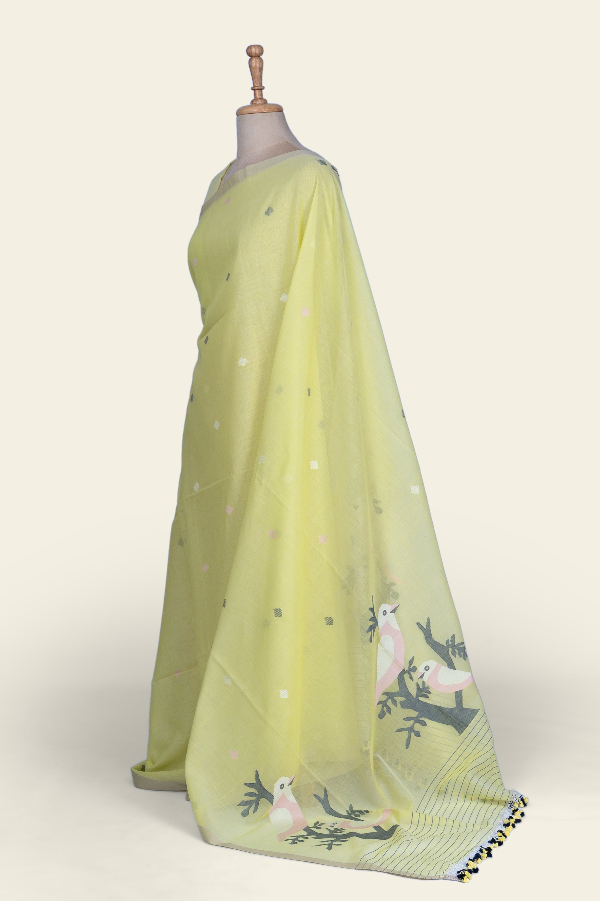 Lime Yellow Bengal Jamdani  Cotton Saree