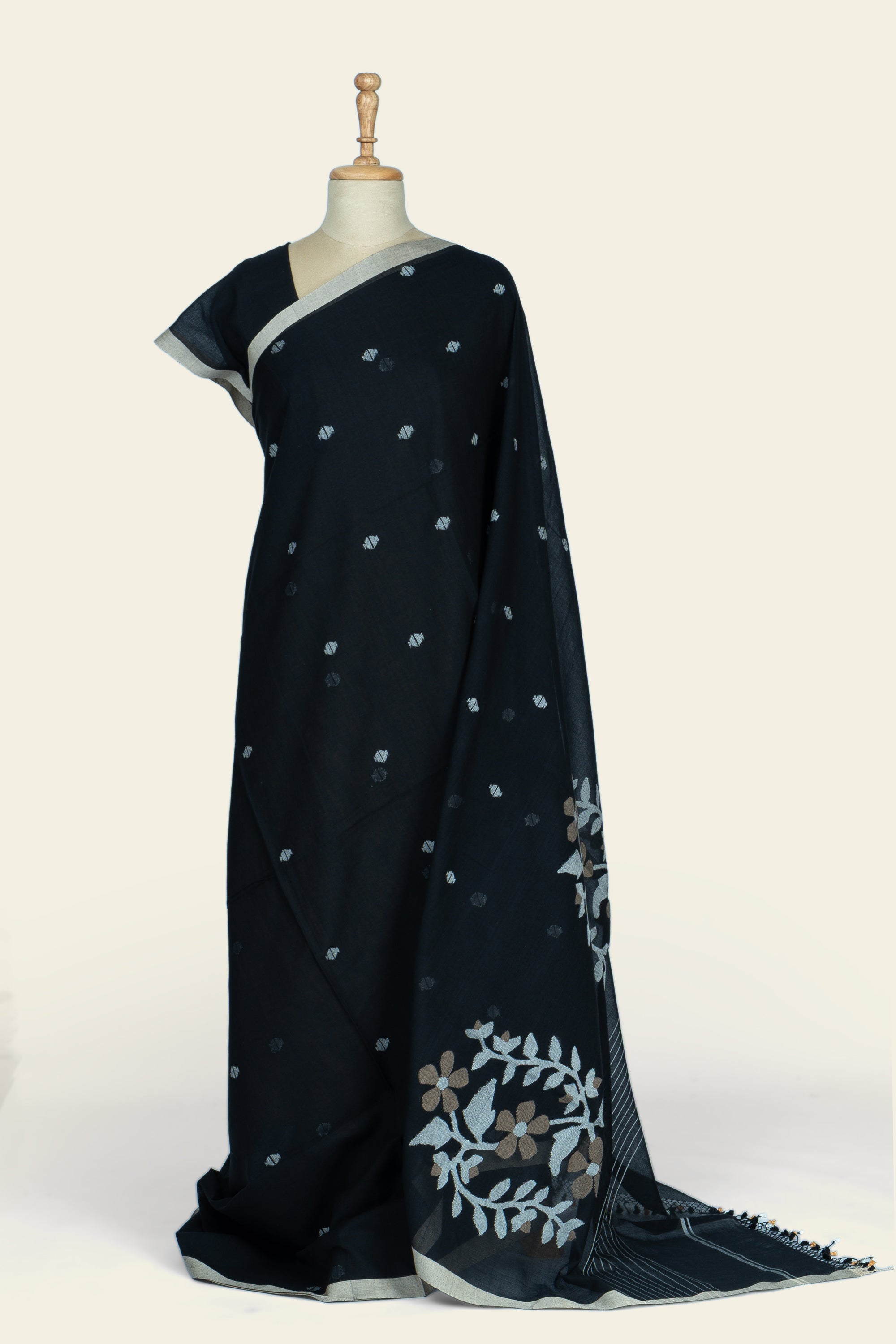 Solid Black Bengal Jamdani  Cotton Saree