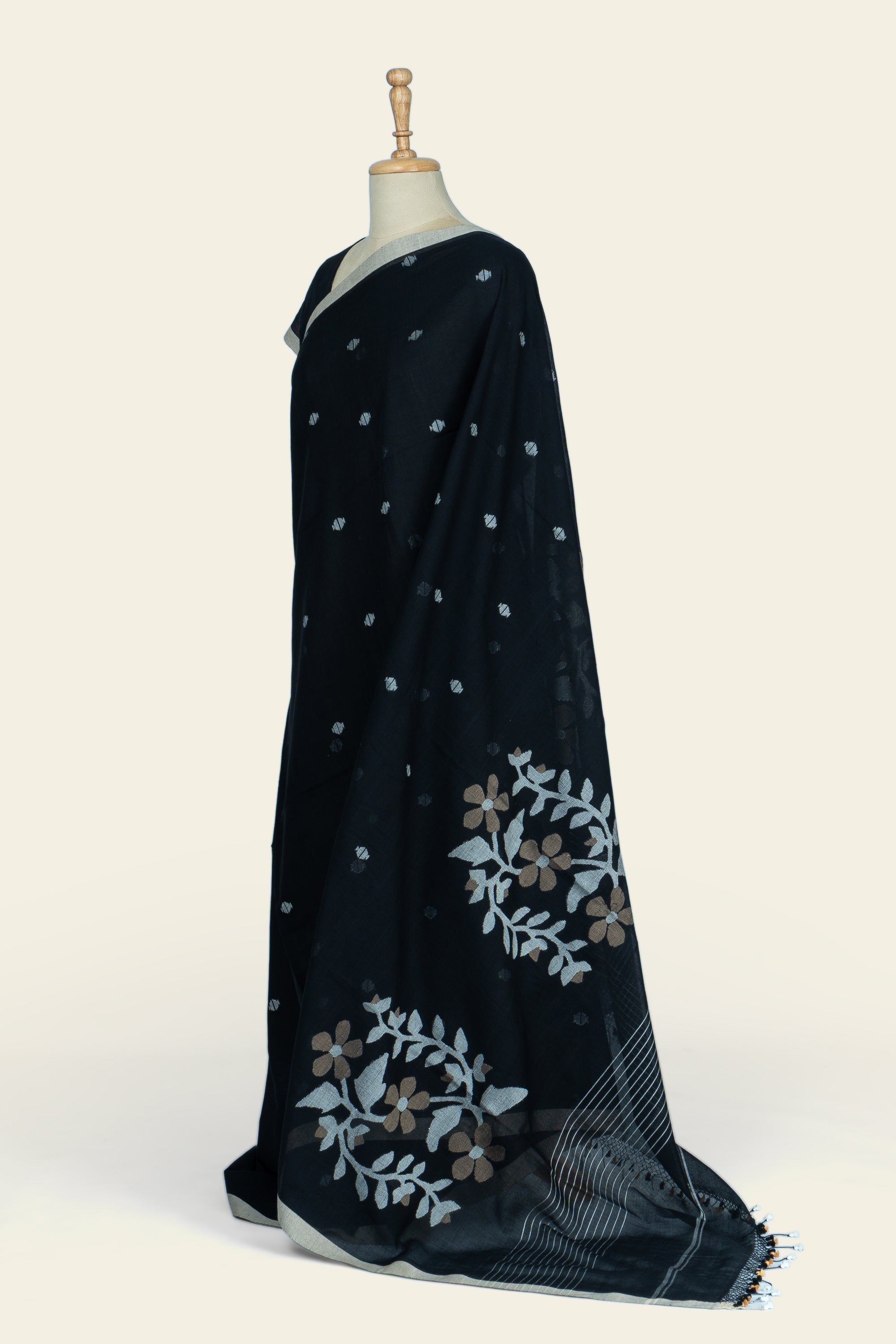 Solid Black Bengal Jamdani  Cotton Saree
