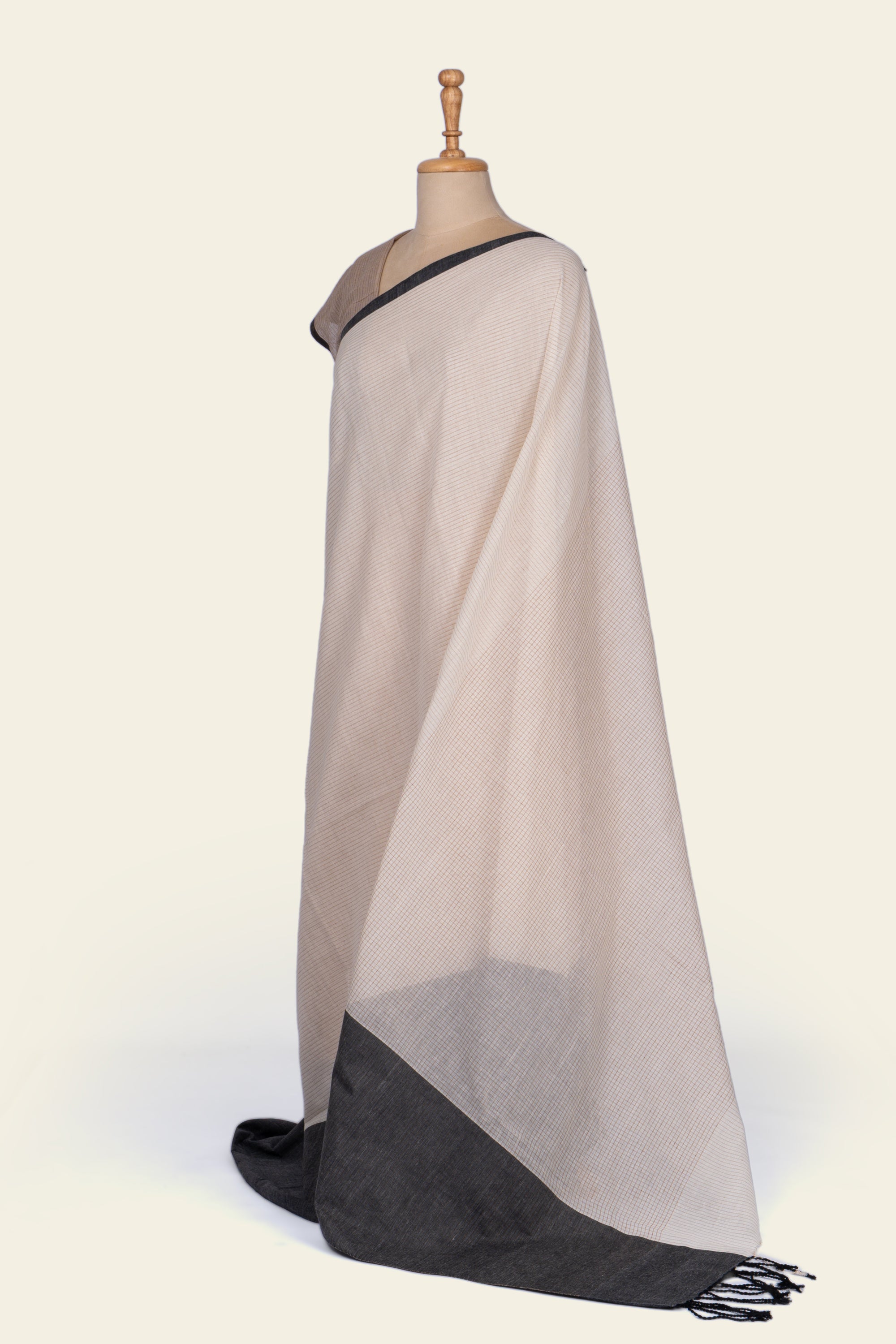 Off White and Black Checks Handwoven  Bengal Cotton Saree