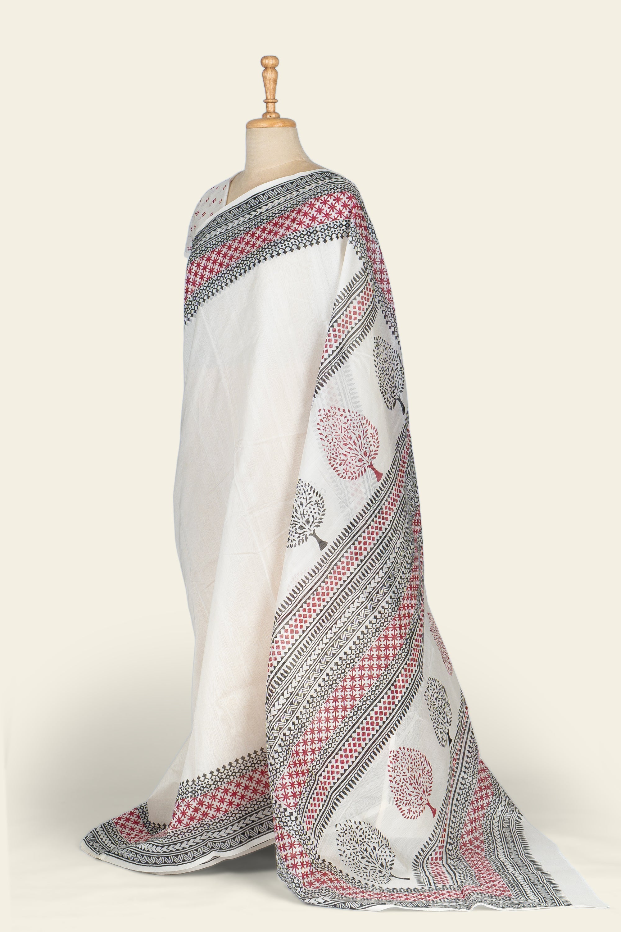White Hand Block Print Chanderi Silk Cotton Saree