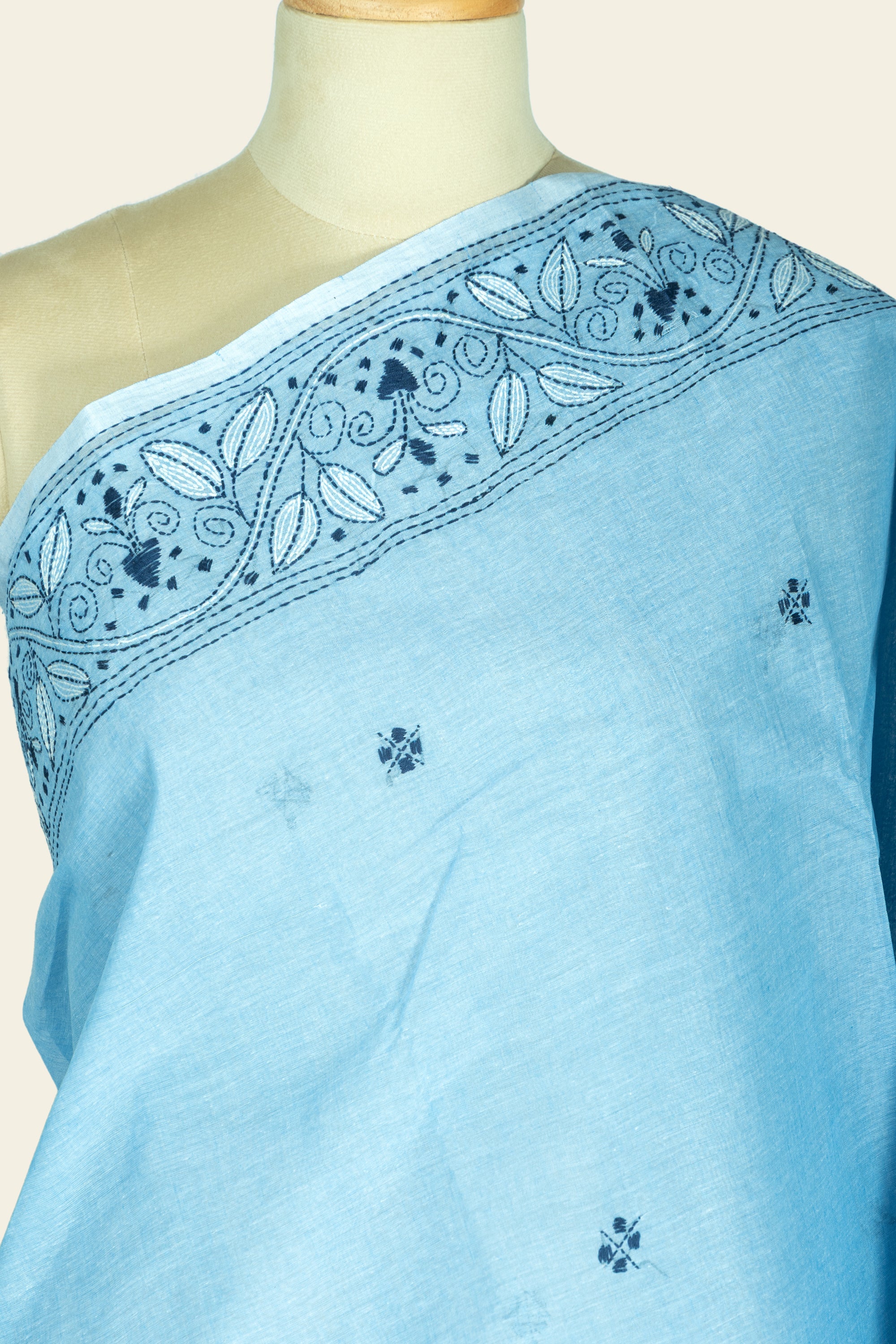Misty Blue Bengal Kantha Stitch Pure Cotton Saree