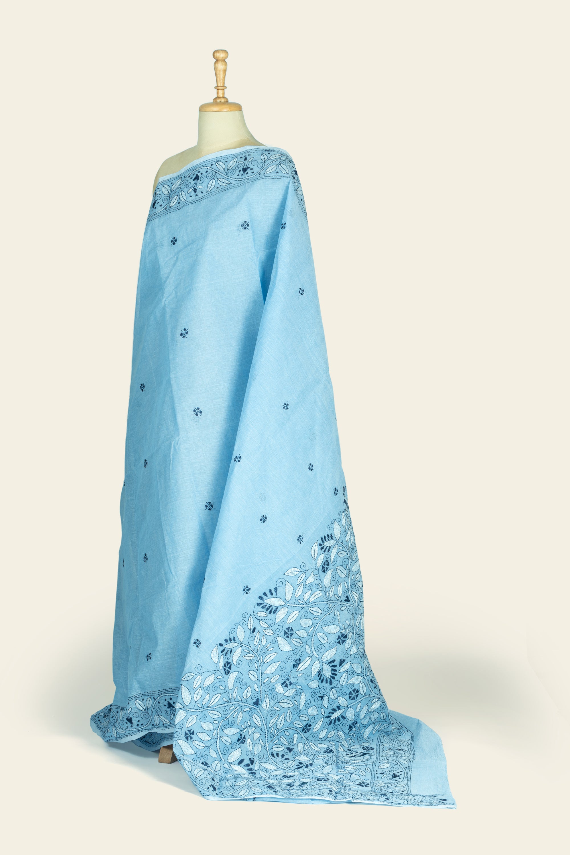 Misty Blue Bengal Kantha Stitch Pure Cotton Saree